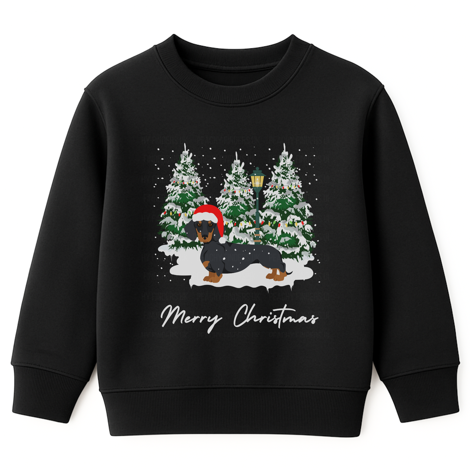 Kids black Christmas sweatshirt featuring a festive dachshund in a Santa hat, surrounded by snowy Christmas trees.