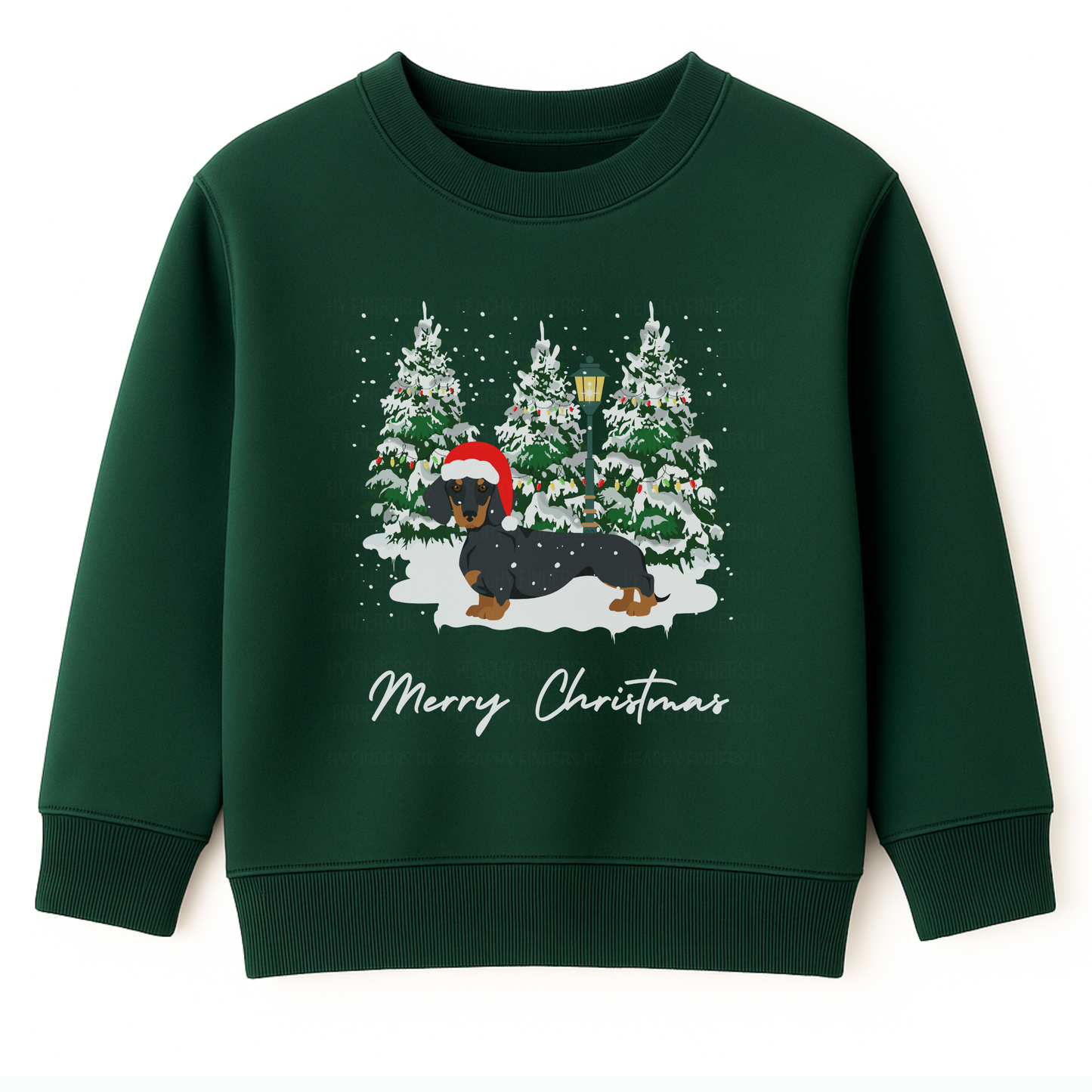 Kids dark green Christmas sweatshirt featuring a festive dachshund in a Santa hat, surrounded by snowy Christmas trees.