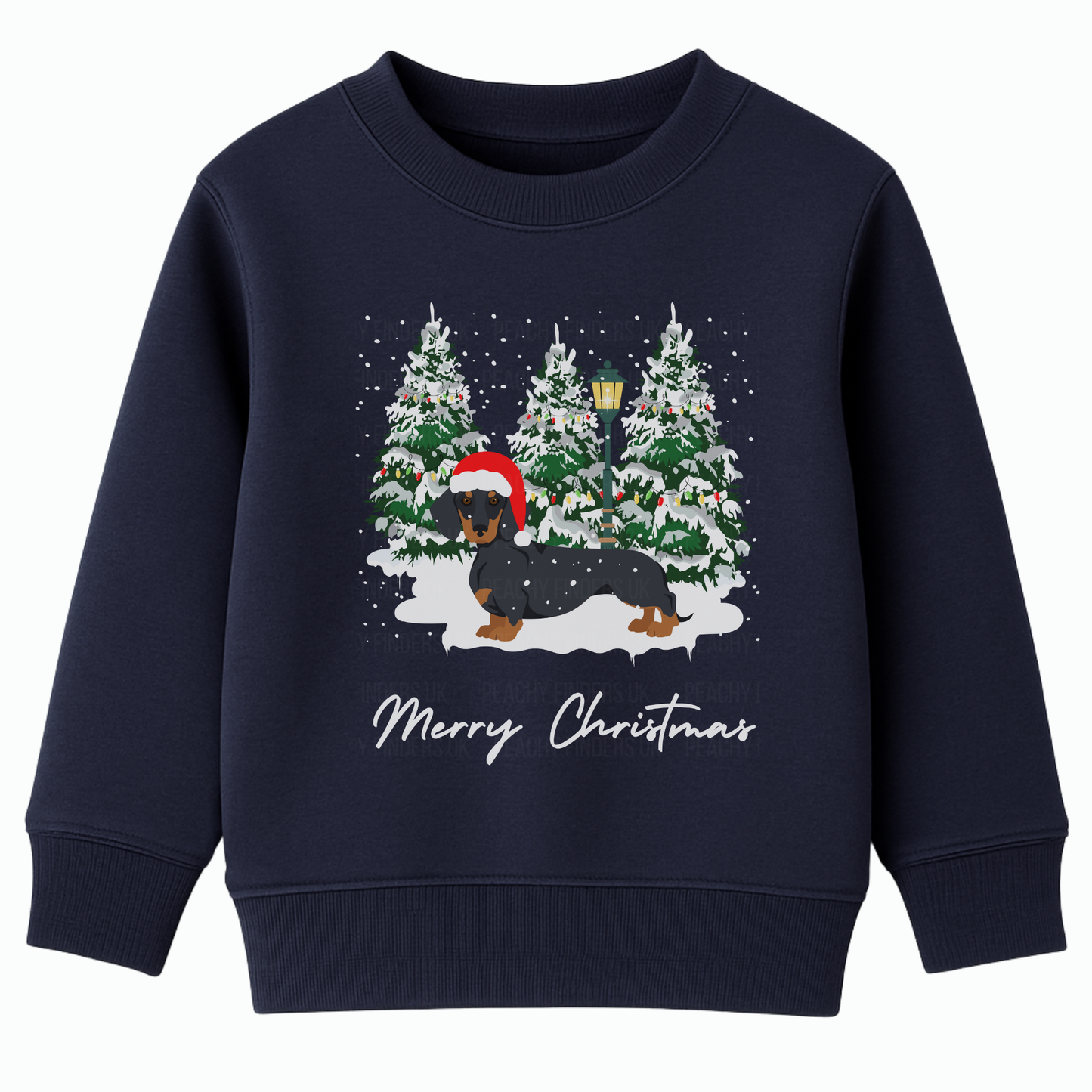 Kids navy Christmas sweatshirt featuring a festive dachshund in a Santa hat, surrounded by snowy Christmas trees.