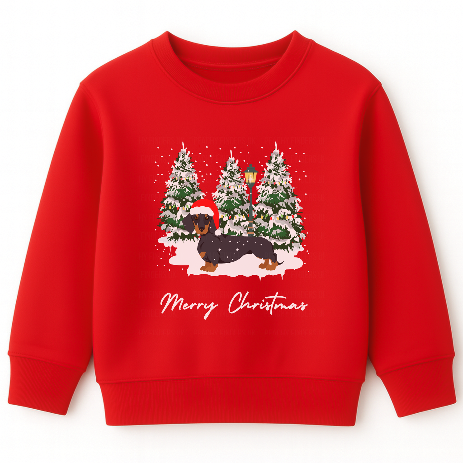 Kids red Christmas sweatshirt featuring a festive dachshund in a Santa hat, surrounded by snowy Christmas trees.