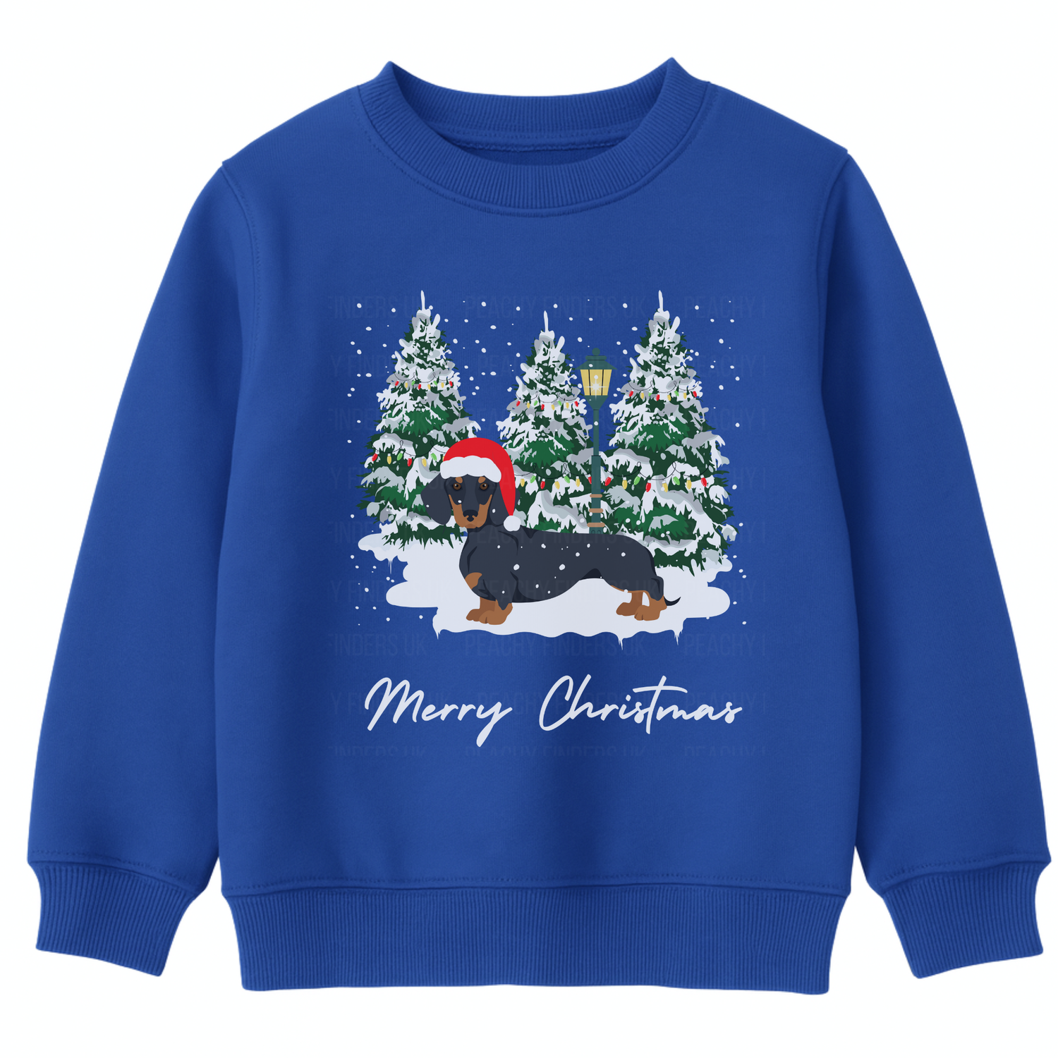 Kids royal blue Christmas sweatshirt featuring a festive dachshund in a Santa hat, surrounded by snowy Christmas trees.