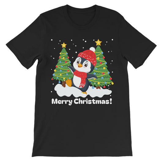 A kids black t-shirt with a graphic print of a dancing penguin wearing a Santa hat, surrounded by Christmas trees and the text 'Merry Christmas!'.
