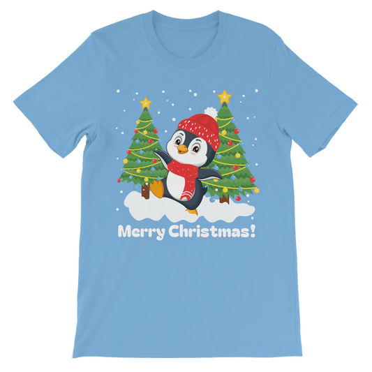 A kids light blue t-shirt with a graphic print of a dancing penguin wearing a Santa hat, surrounded by Christmas trees and the text 'Merry Christmas!'.
