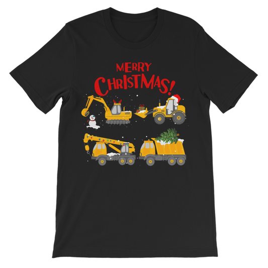 Kids black Christmas T-shirt with festive diggers, construction trucks, presents, snowman and Merry Christmas wording.