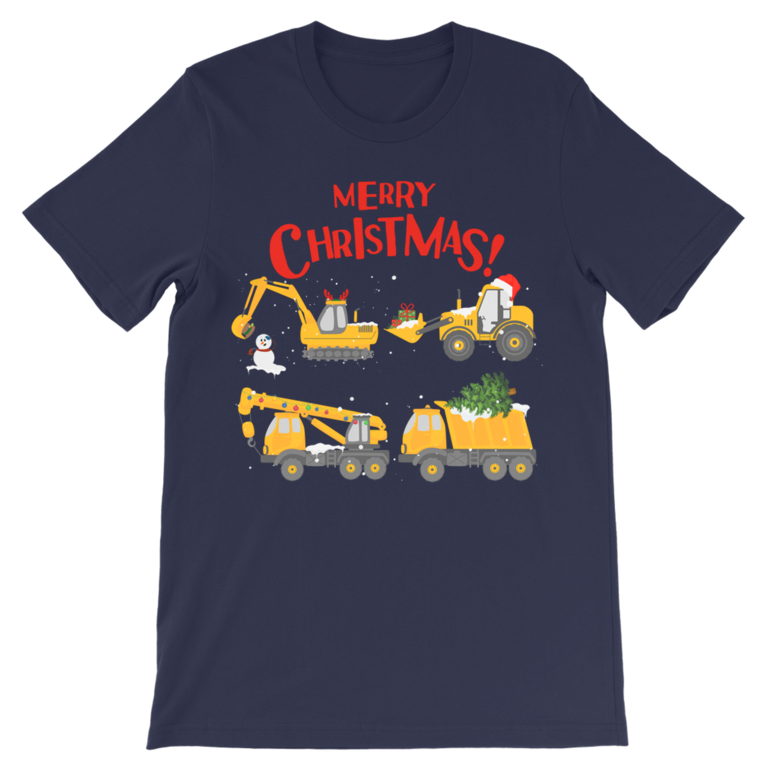 A kids navy blue short-sleeve crewneck t-shirt featuring a festive Christmas graphic of construction vehicles. The graphic displays a yellow excavator, a tractor, a crane, and a dump truck carrying a Christmas tree under the text 'MERRY CHRISTMAS!' in red.