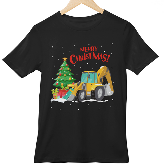 Black t-shirt with a Christmas-themed design featuring a bulldozer, tree, and presents on a hanger.