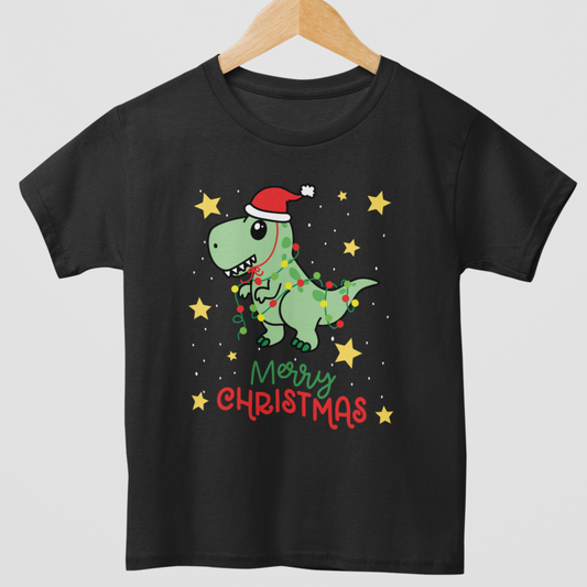 Kids Christmas t-shirt in black featuring cute dinosaur in Santa hat wrapped in festive lights with stars and “Merry Christmas” text