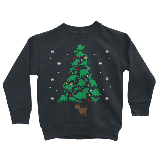 Kids Navy Christmas jumper with dinosaur-shaped tree design, decorated with ornaments and snowflakes