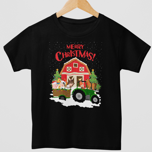 Kids black t-shirt with a Christmas-themed graphic print featuring farm animals in a tractor, a barn, trees, and 'Merry Christmas!' text.