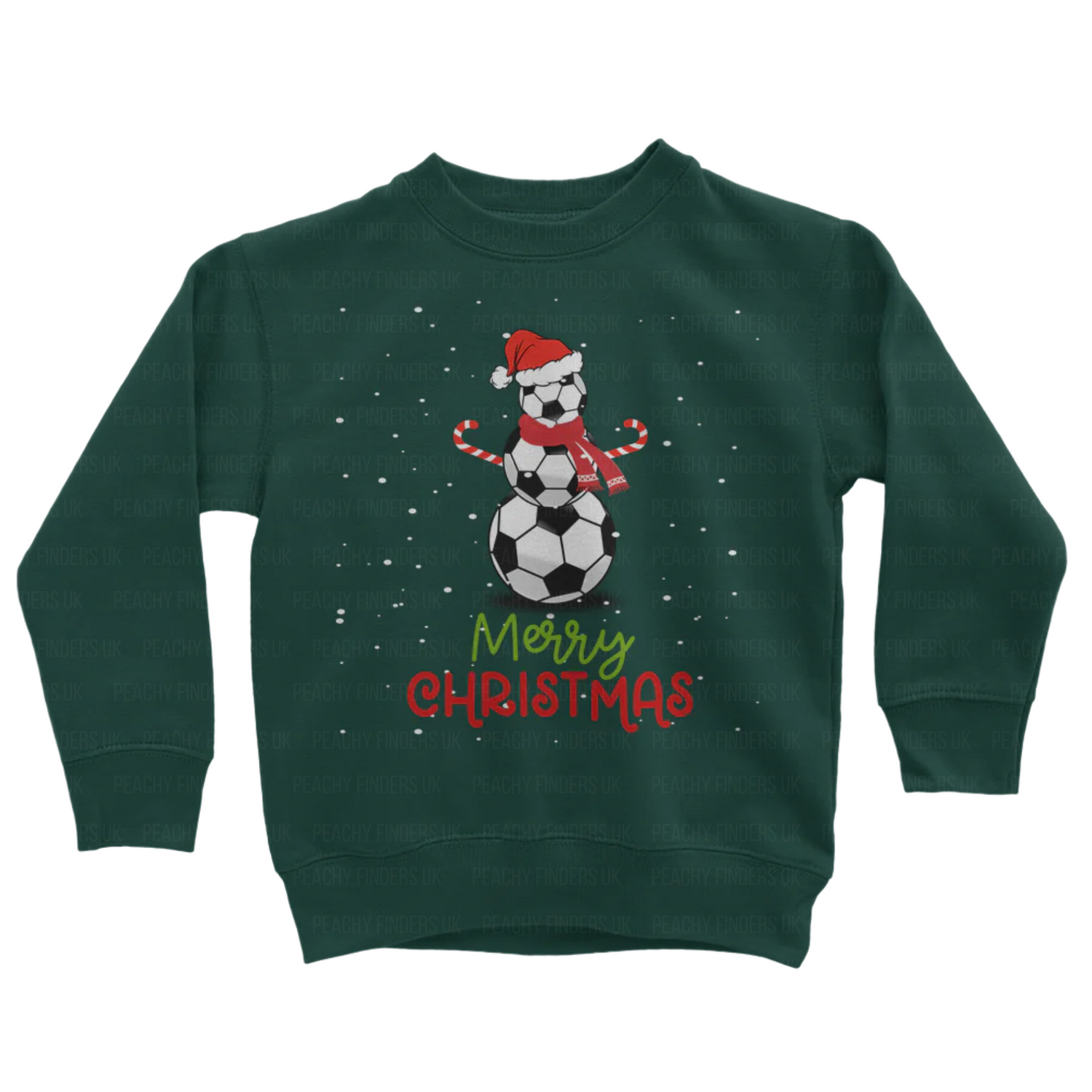 Children's dark green sweatshirt with Christmas design of a football snowman  wearing a Santa hat and 'Merry Christmas' text on a white background