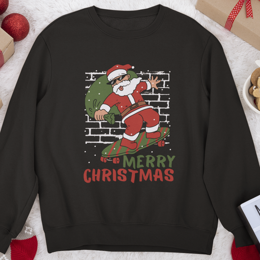 Black sweatshirt with Santa Claus skateboarding design and 'Merry Christmas' text, surrounded by Christmas decorations.