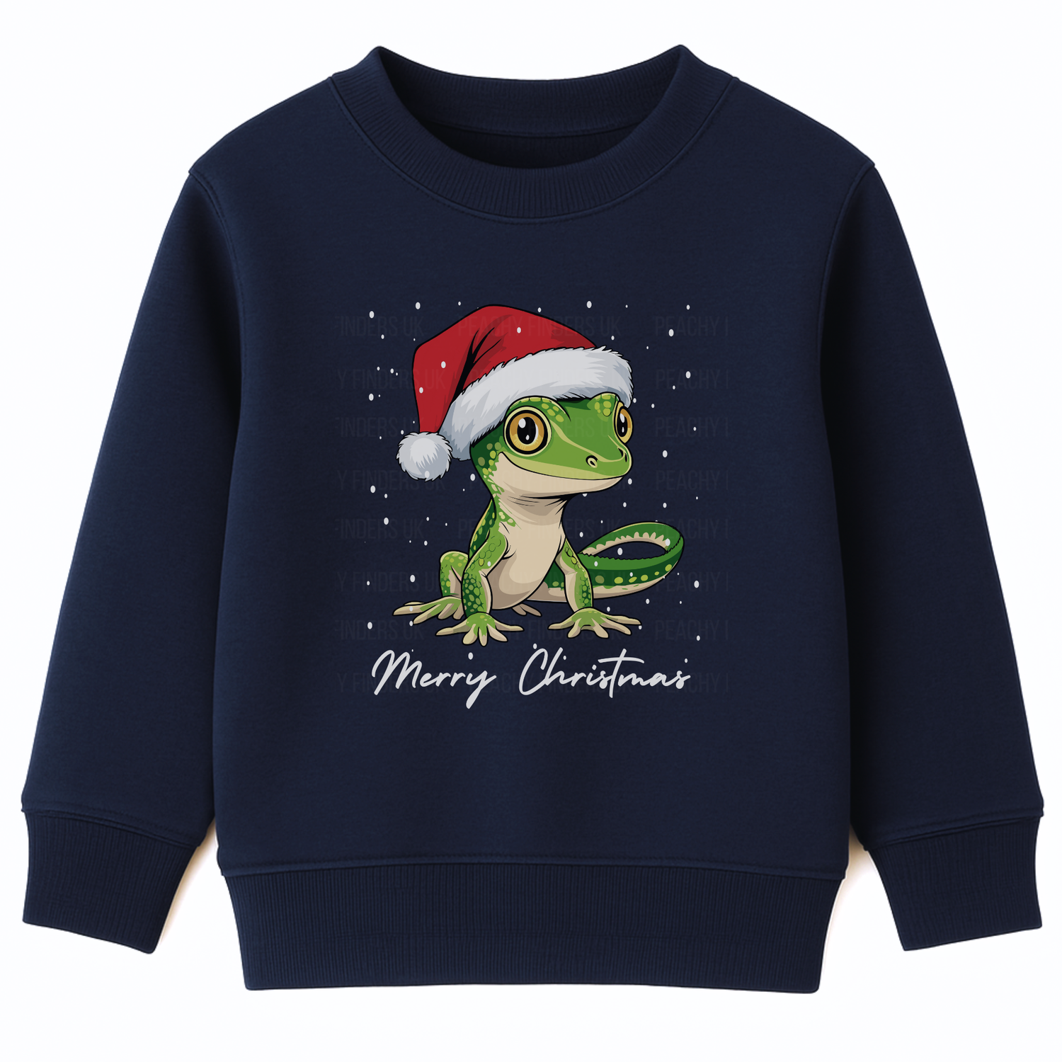 Navy kids Christmas jumper featuring a cute gecko wearing a Santa hat with ‘Merry Christmas’ text and snow details