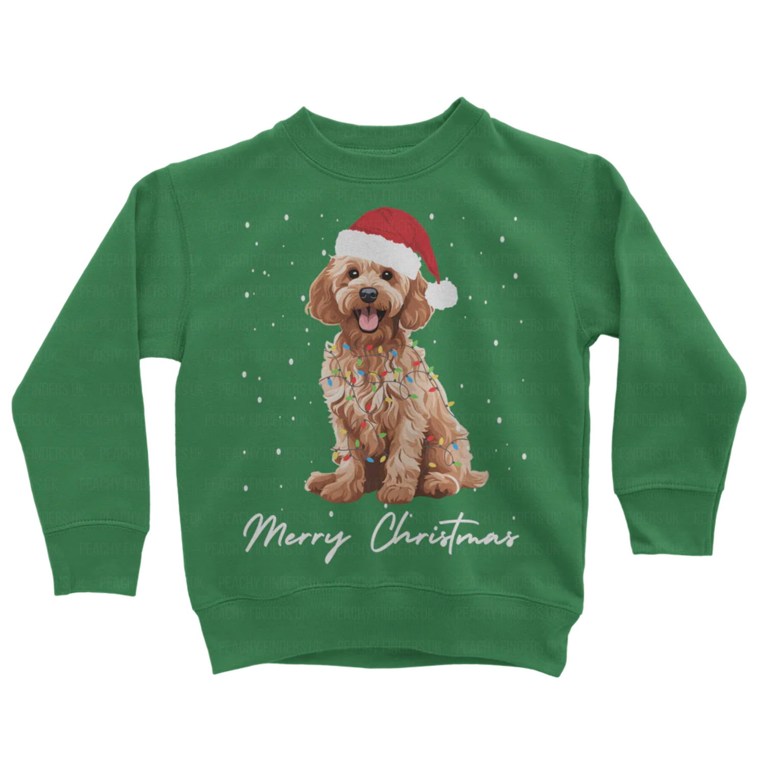 Kids green sweatshirt with a Christmas-themed design of a golden cockapoo wearing a Santa hat, wrapped in fairy lights with falling snow and the text 'Merry Christmas'.