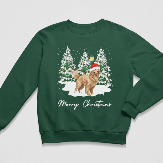 A kids dark green crewneck sweatshirt featuring a festive Christmas graphic of a golden retriever dog wearing a Santa hat, standing in front of snow-covered pine trees with the text 'Merry Christmas' written below.
