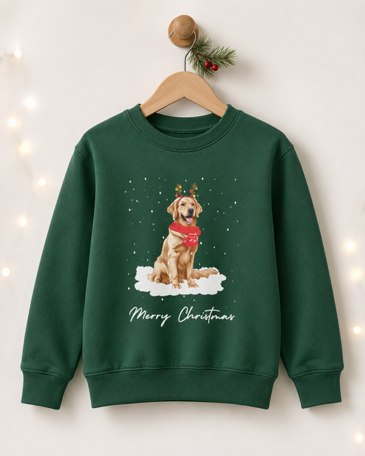Dark green kids Golden Retriever Christmas jumper on a wooden hanger with festive pine detail and soft fairy lights.