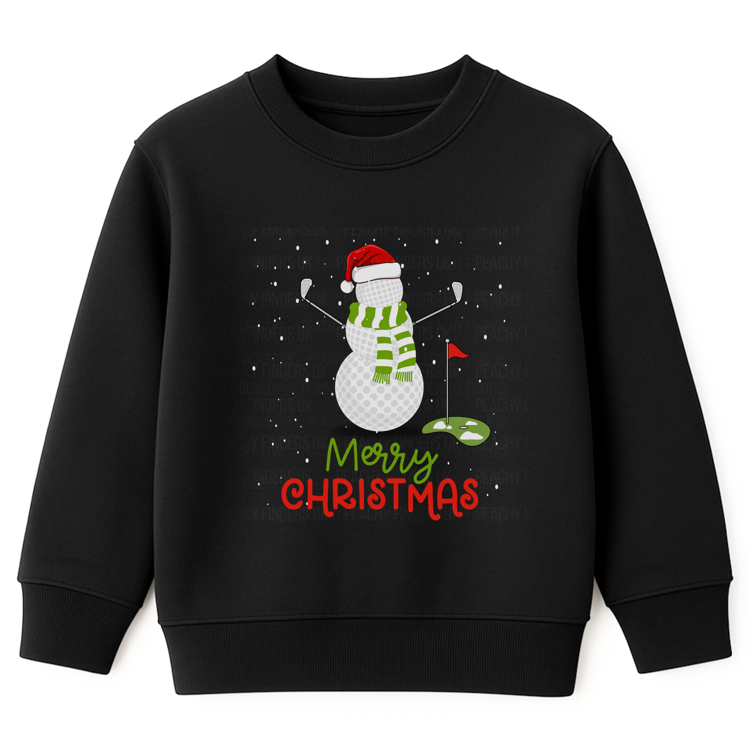 Kids black Christmas sweatshirt with a snowman made of golf balls, golf clubs for arms, green scarf and Santa hat, with Merry Christmas text