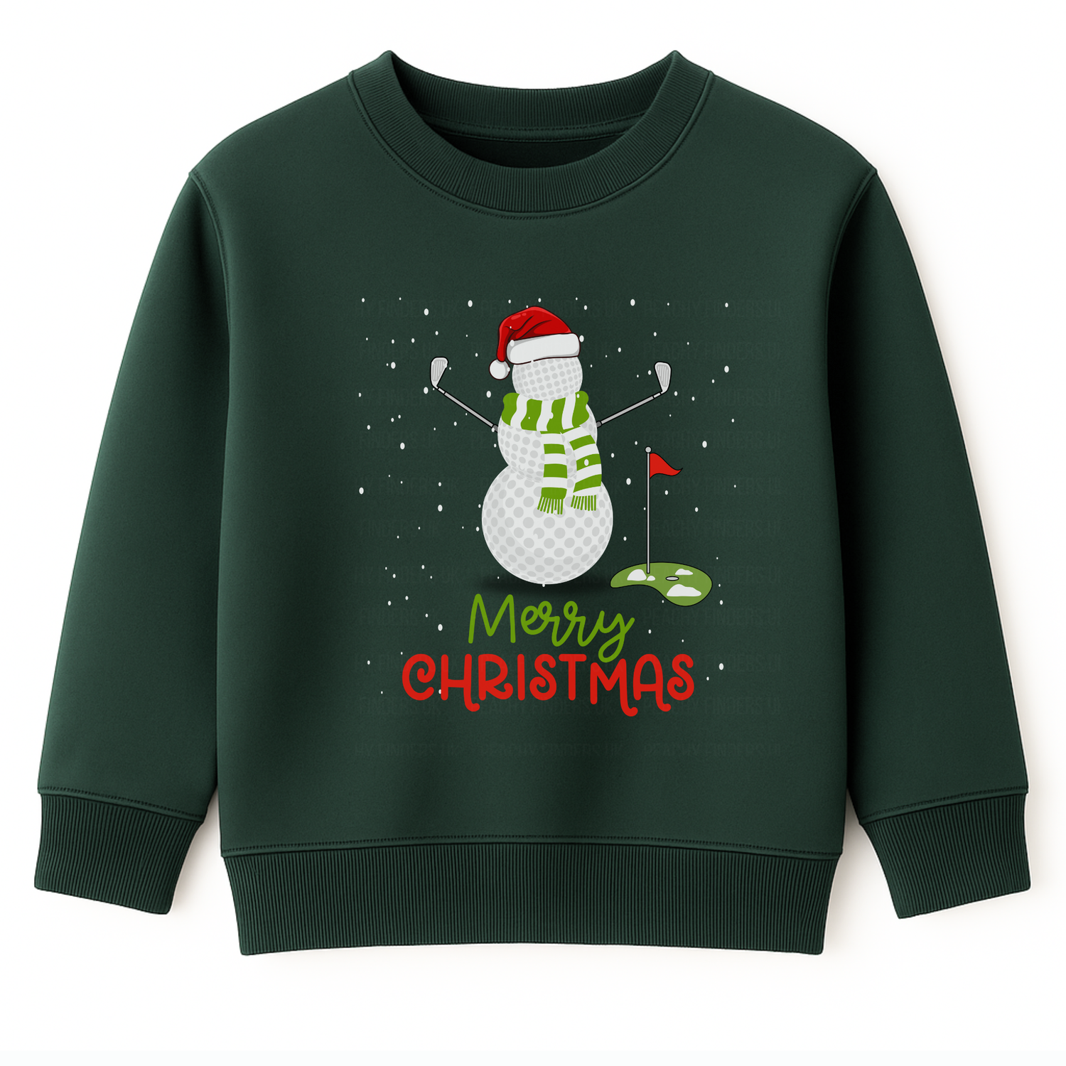 Kids dark green Christmas sweatshirt with a snowman made of golf balls, golf clubs for arms, green scarf and Santa hat, with Merry Christmas text