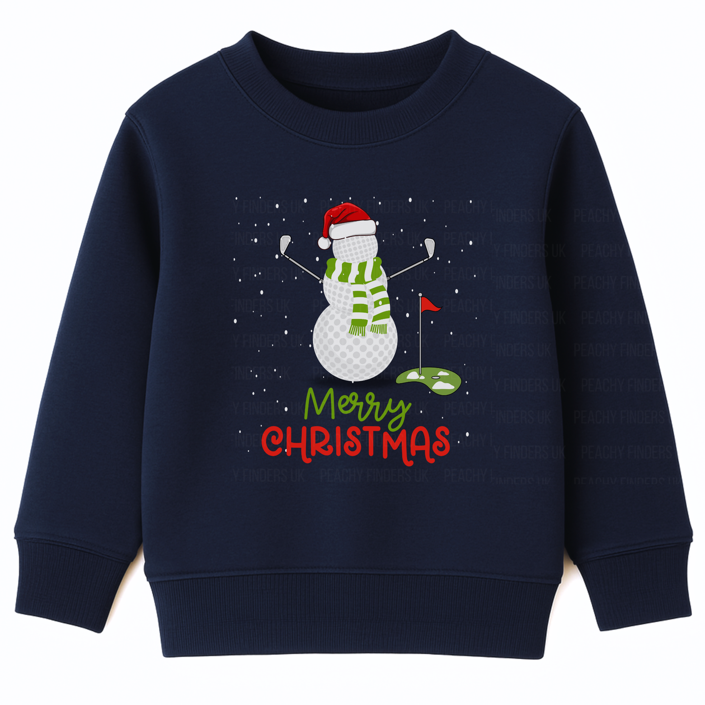 Kids navy Christmas sweatshirt with a snowman made of golf balls, golf clubs for arms, green scarf and Santa hat, with Merry Christmas text