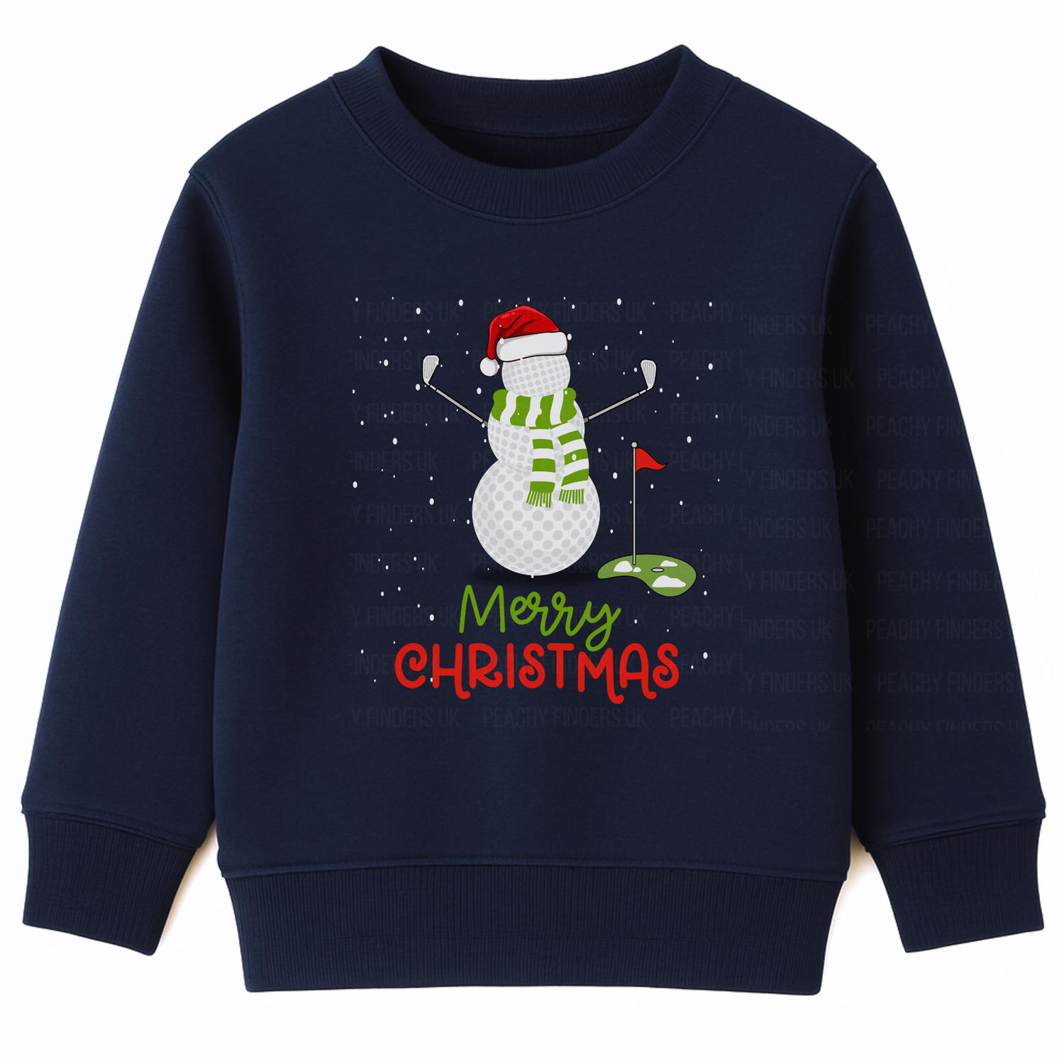 Kids navy Christmas sweatshirt with a snowman made of golf balls, golf clubs for arms, green scarf and Santa hat, with Merry Christmas text