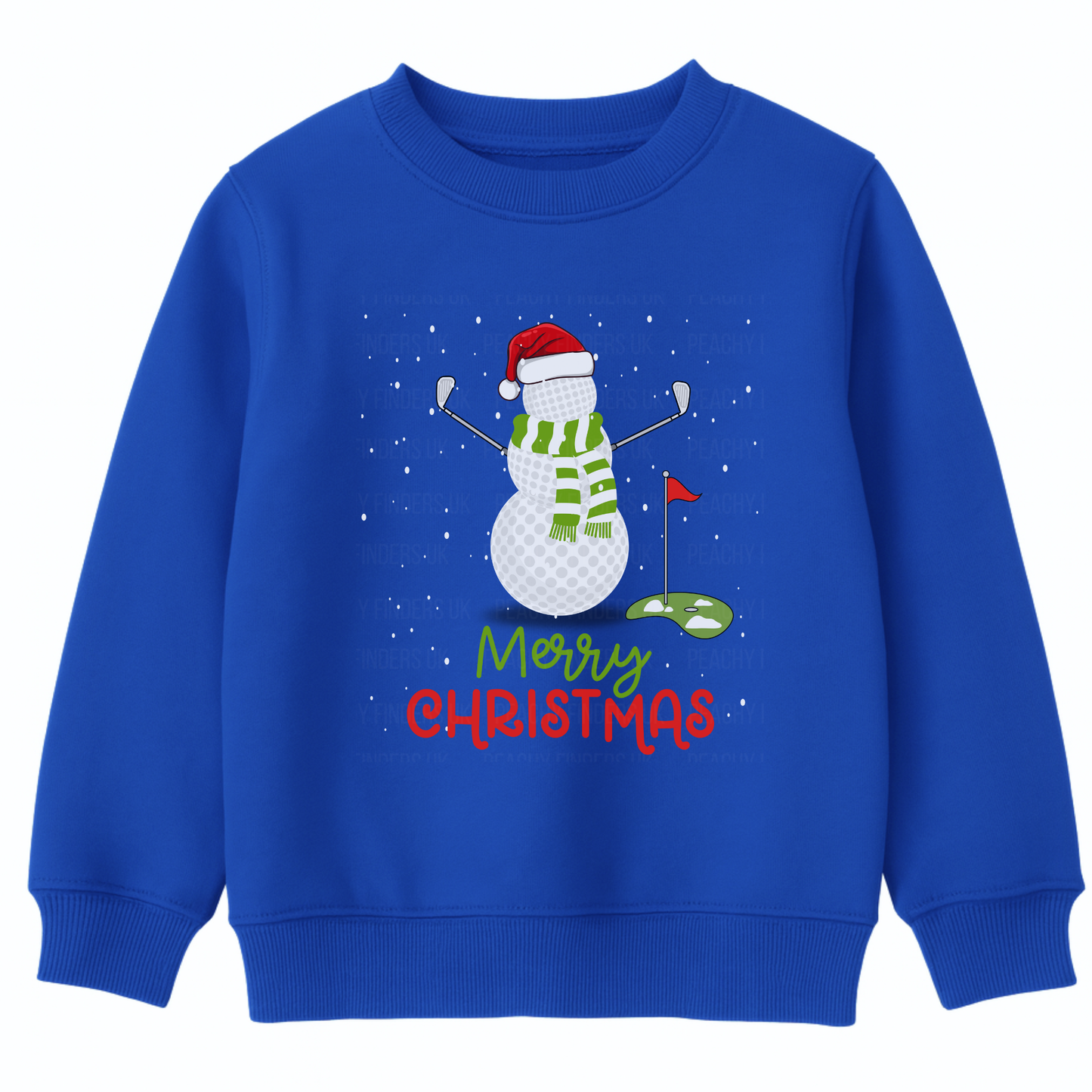 Kids royal blue Christmas sweatshirt with a snowman made of golf balls, golf clubs for arms, green scarf and Santa hat, with Merry Christmas text