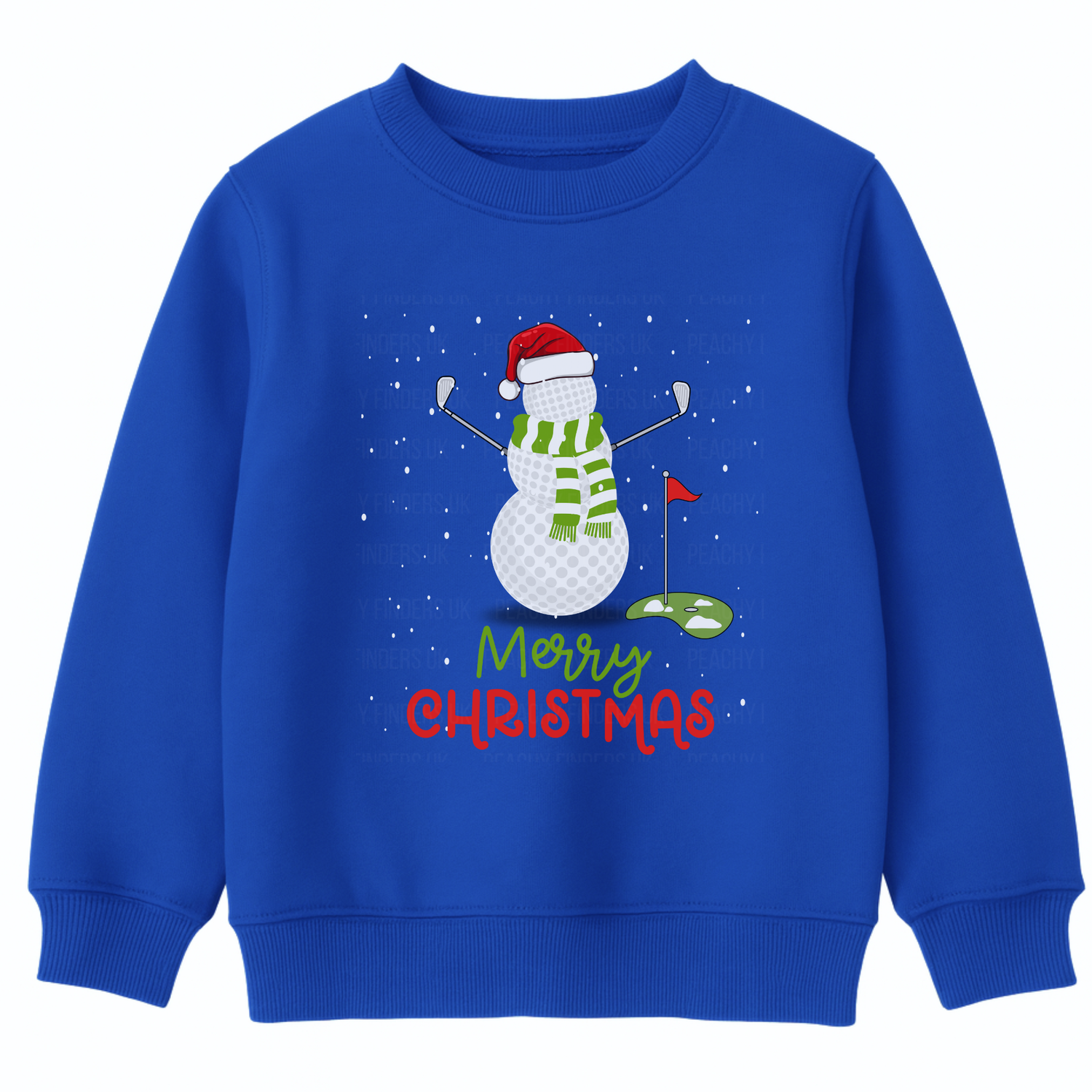 Kids royal blue Christmas sweatshirt with a snowman made of golf balls, golf clubs for arms, green scarf and Santa hat, with Merry Christmas text