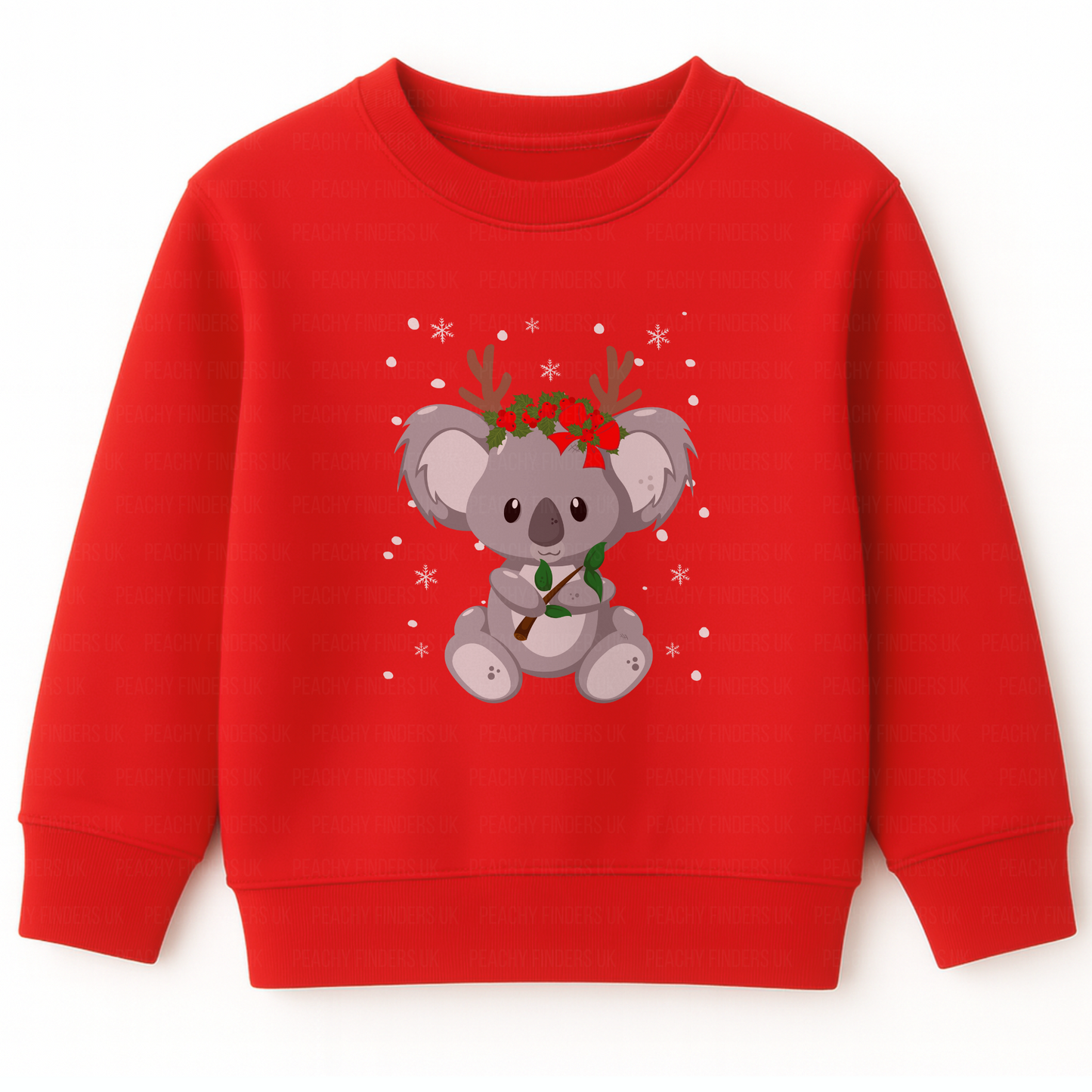 Kids red Christmas sweatshirt featuring a cute koala wearing reindeer antlers and holly, surrounded by snowflakes, printed on the front. 