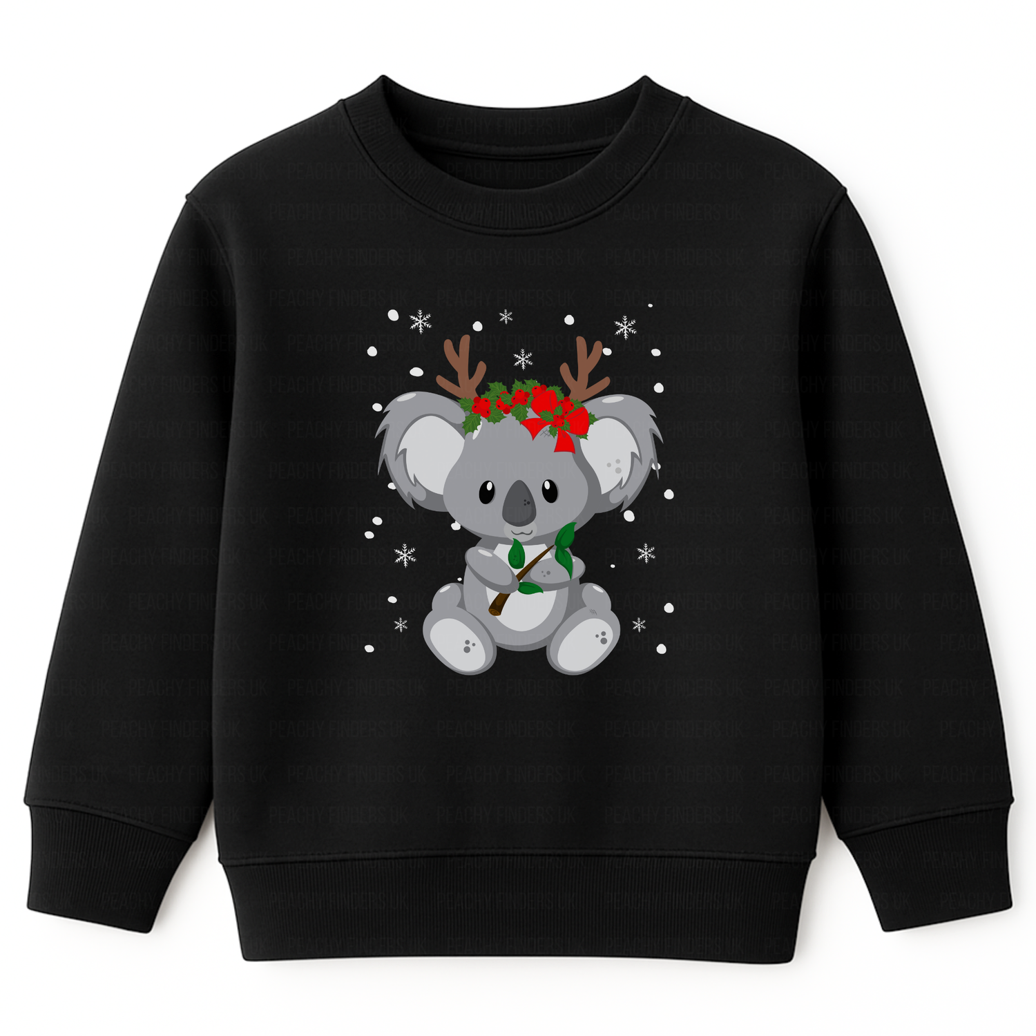 Kids black Christmas sweatshirt featuring a cute koala wearing reindeer antlers and holly, surrounded by snowflakes, printed on the front. 