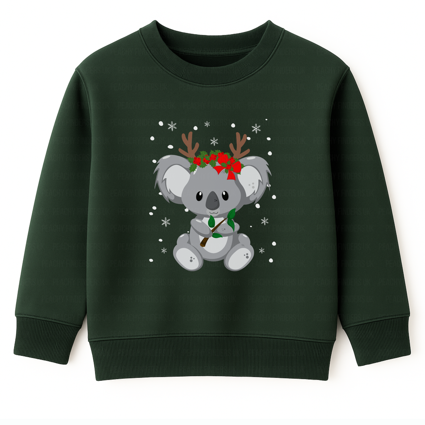 Kids dark green Christmas sweatshirt featuring a cute koala wearing reindeer antlers and holly, surrounded by snowflakes, printed on the front. 