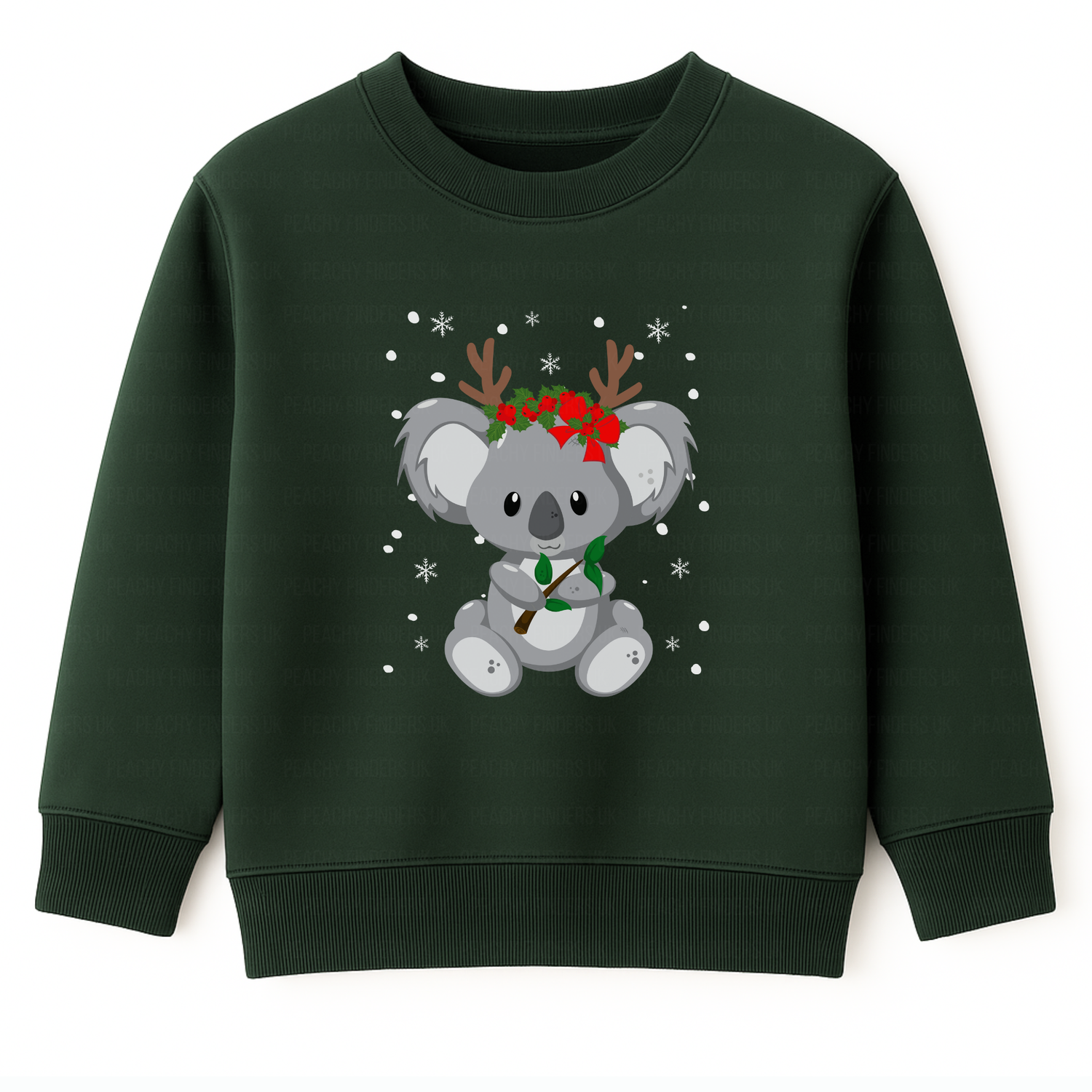 Kids dark green Christmas sweatshirt featuring a cute koala wearing reindeer antlers and holly, surrounded by snowflakes, printed on the front. 