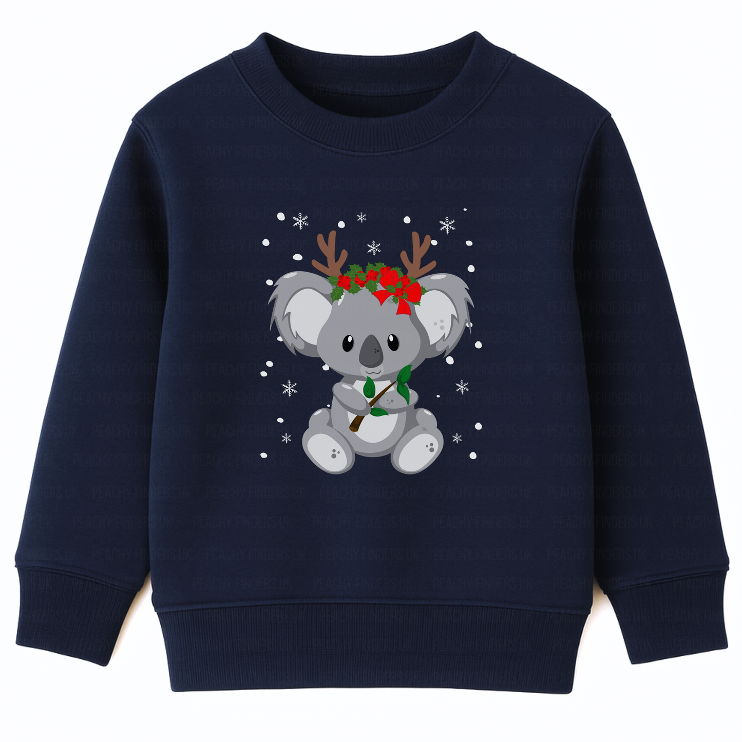 Kids navy Christmas sweatshirt featuring a cute koala wearing reindeer antlers and holly, surrounded by snowflakes, printed on the front. 