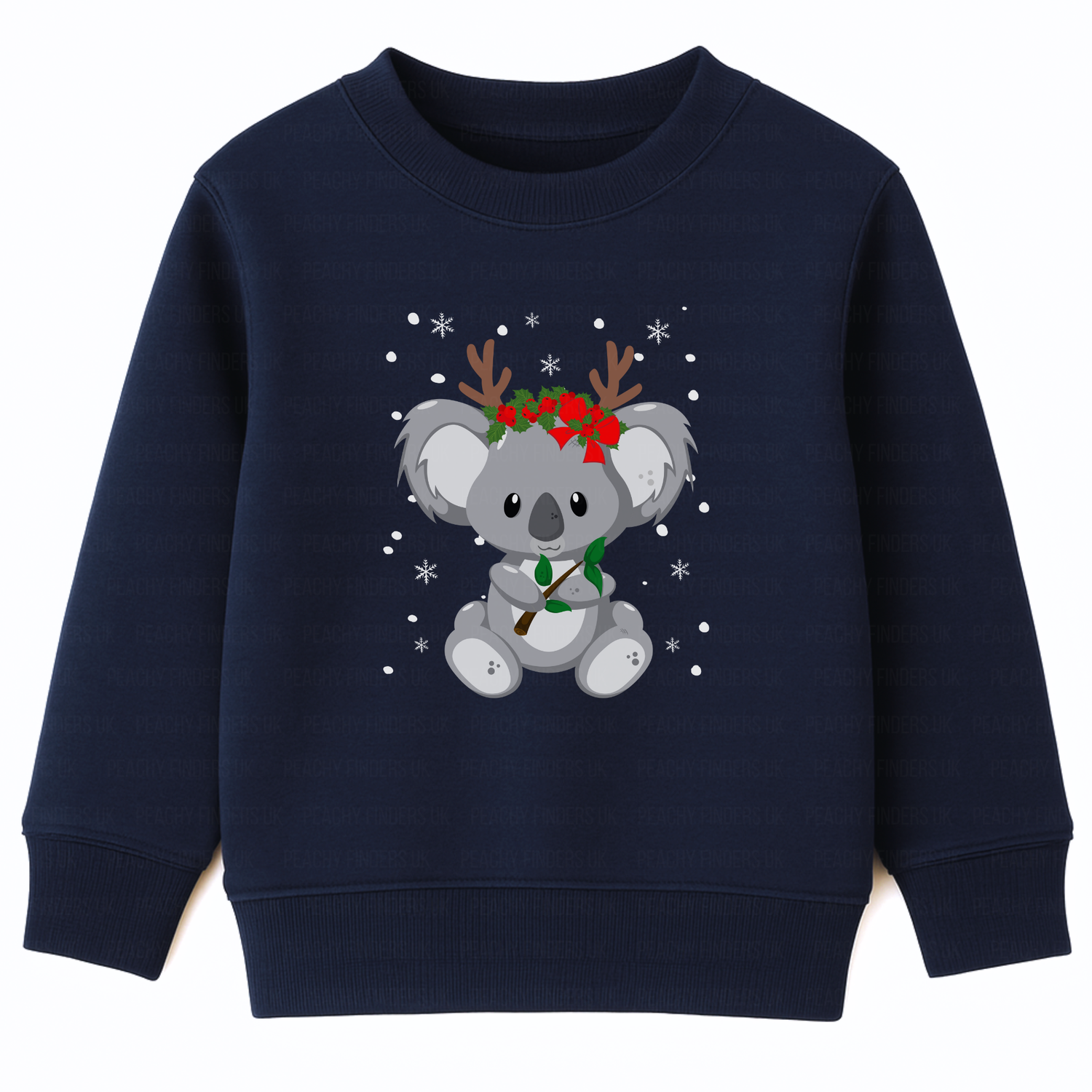 Kids navy Christmas sweatshirt featuring a cute koala wearing reindeer antlers and holly, surrounded by snowflakes, printed on the front. 