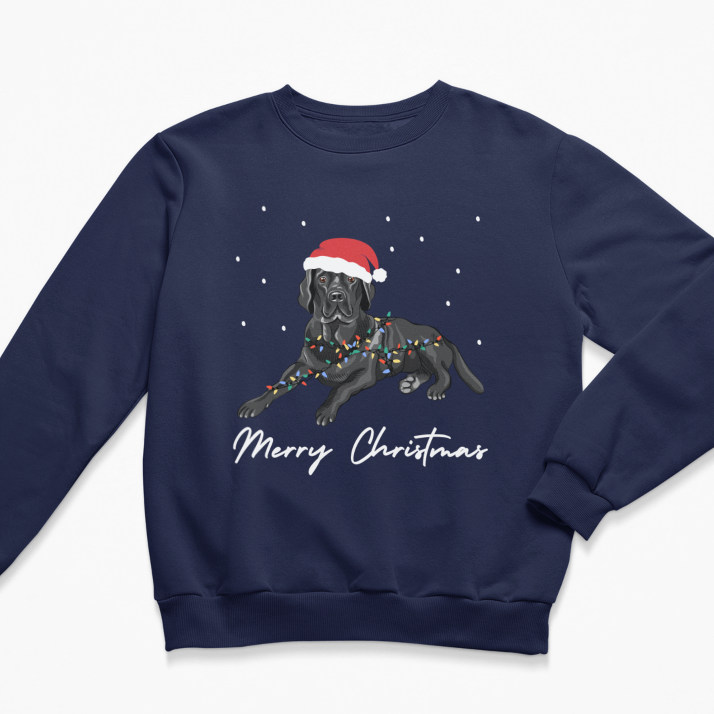 A kids navy blue crewneck sweatshirt featuring a graphic of a black Labrador retriever wearing a red Santa hat and colourful Christmas lights, with 'Merry Christmas' written in white script below.