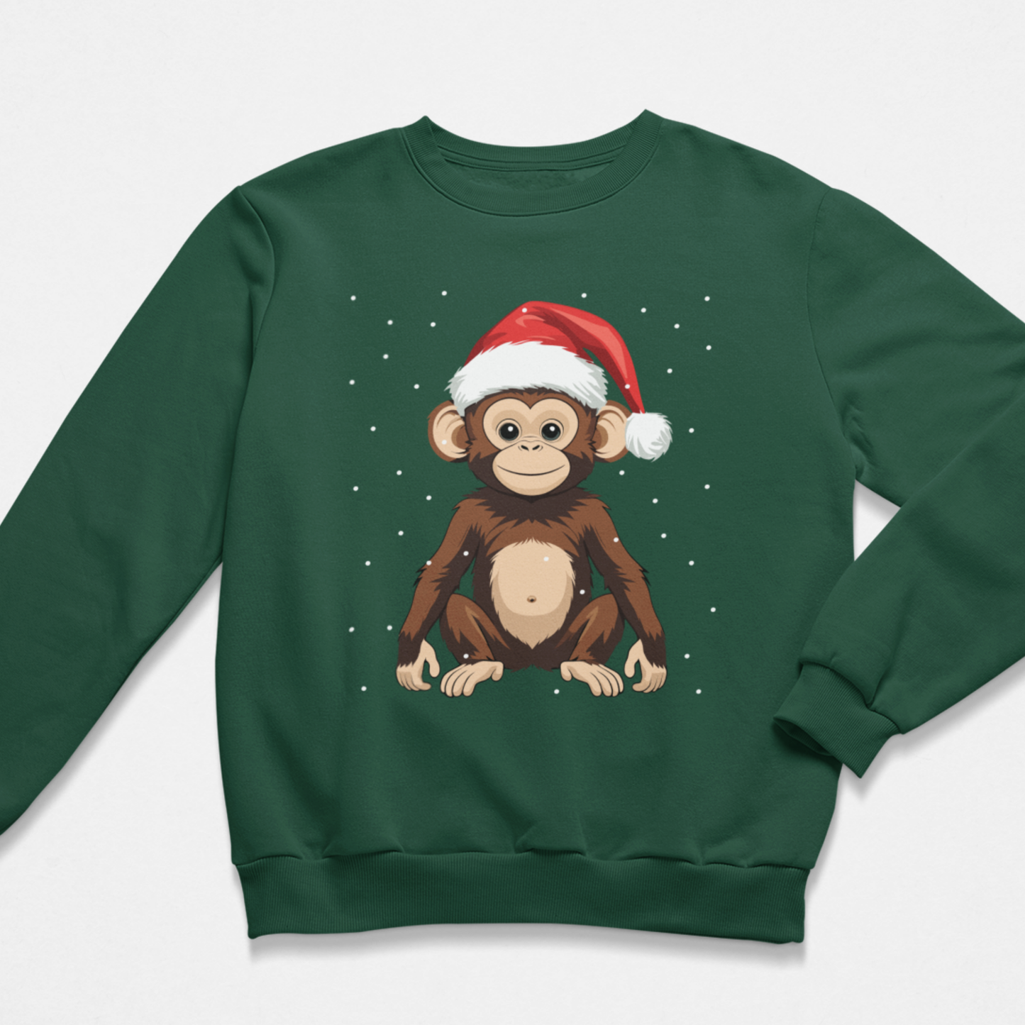 Dark green kids Christmas sweatshirt flat lay with cute monkey wearing a Santa hat and falling snow graphic