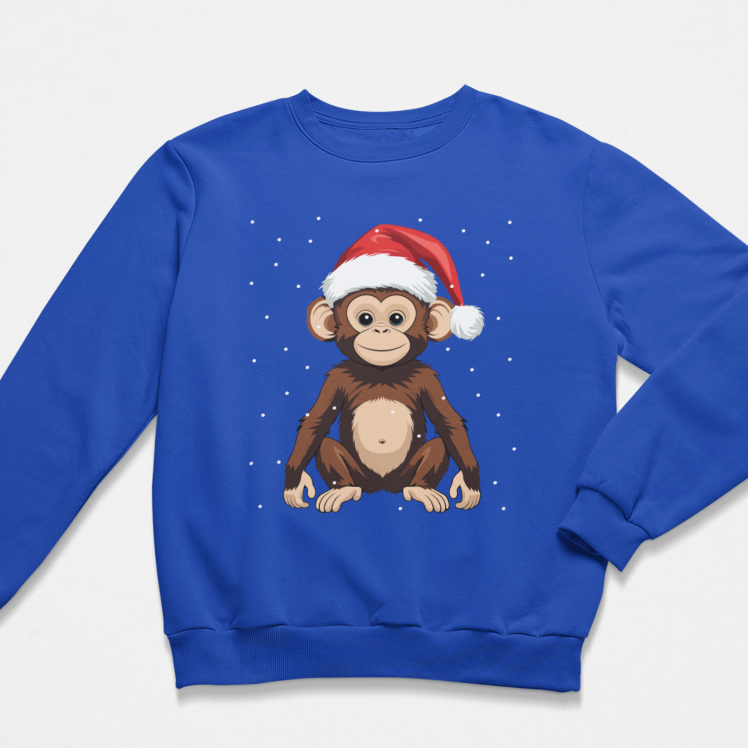 Royal blue kids Christmas sweatshirt flat lay with monkey wearing a Santa design on soft cream background 