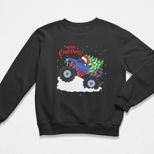 Kids black Christmas monster truck sweatshirt with Merry Christmas truck and Christmas tree graphic.