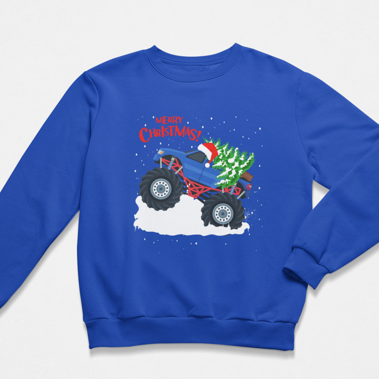 Royal blue kids Christmas monster truck jumper with festive truck design and snow detail.