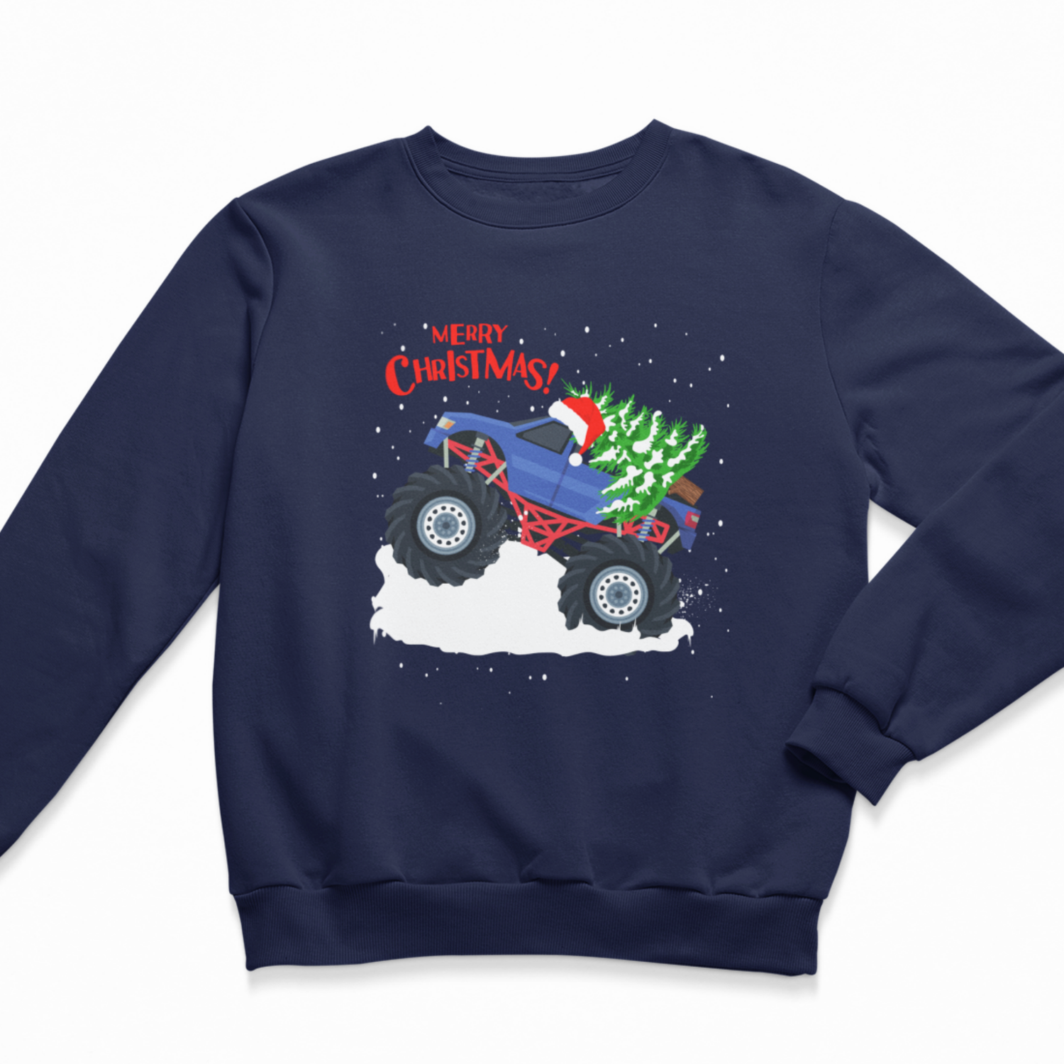 Navy kids Christmas monster truck sweatshirt with Merry Christmas graphic, festive tree and snow print.