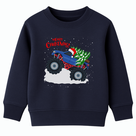Kids navy Christmas monster truck sweatshirt with blue truck carrying a Christmas tree and Santa hat, Merry Christmas design