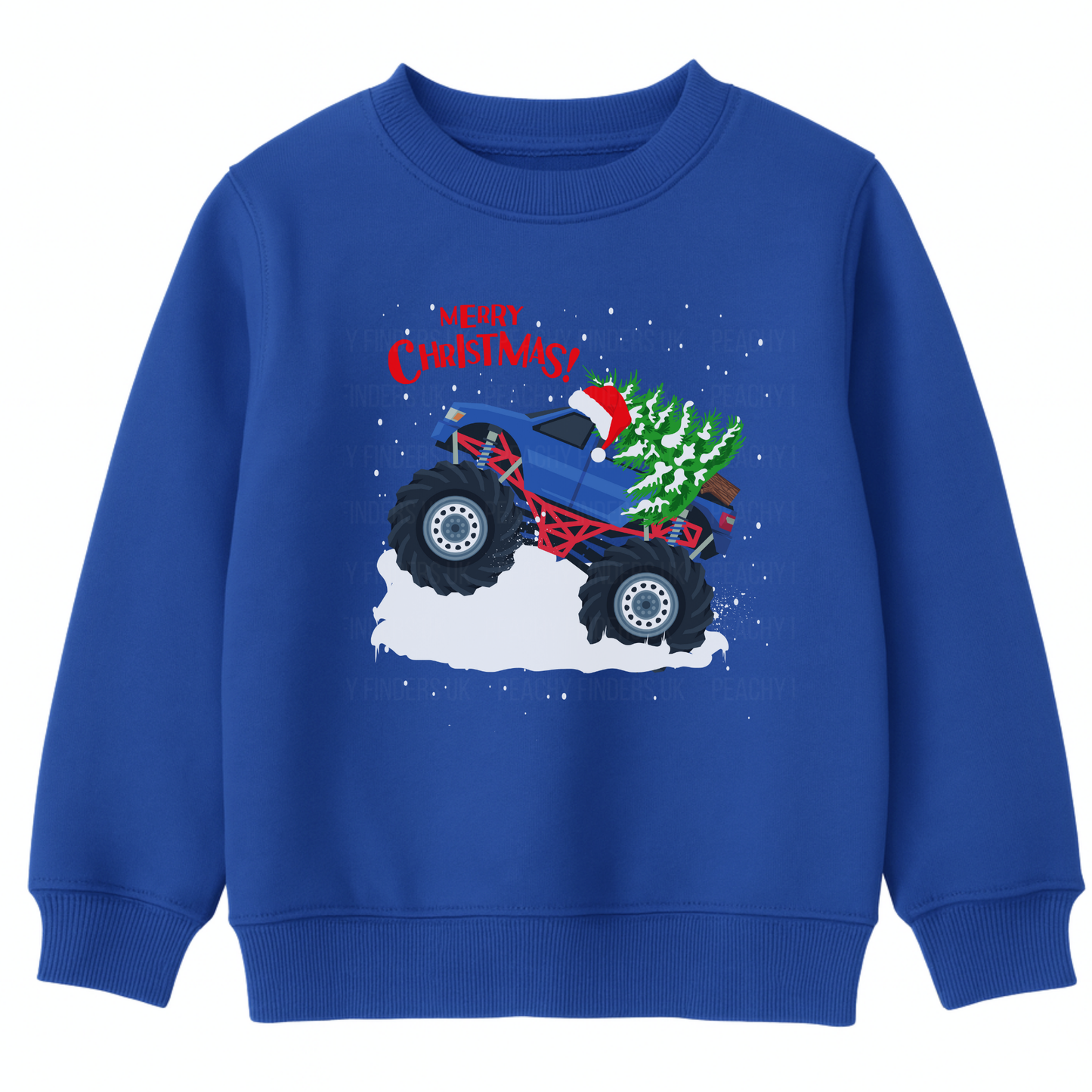 Kids royal blue Christmas monster truck jumper featuring festive truck with Christmas tree and snow design