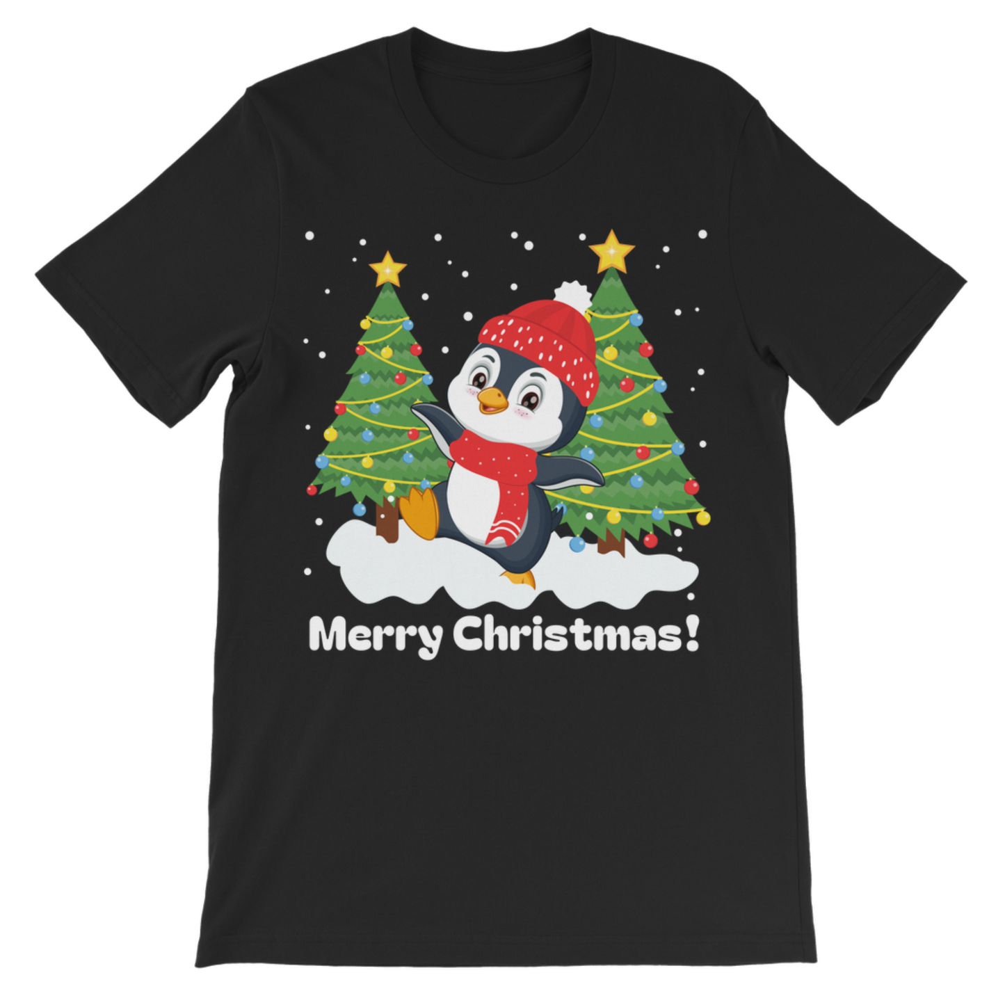 A kids black short-sleeve crewneck t-shirt featuring a festive Christmas graphic of a cartoon penguin wearing a red hat and scarf, standing between two decorated Christmas trees on a snowy ground with the text 'Merry Christmas!' printed below.