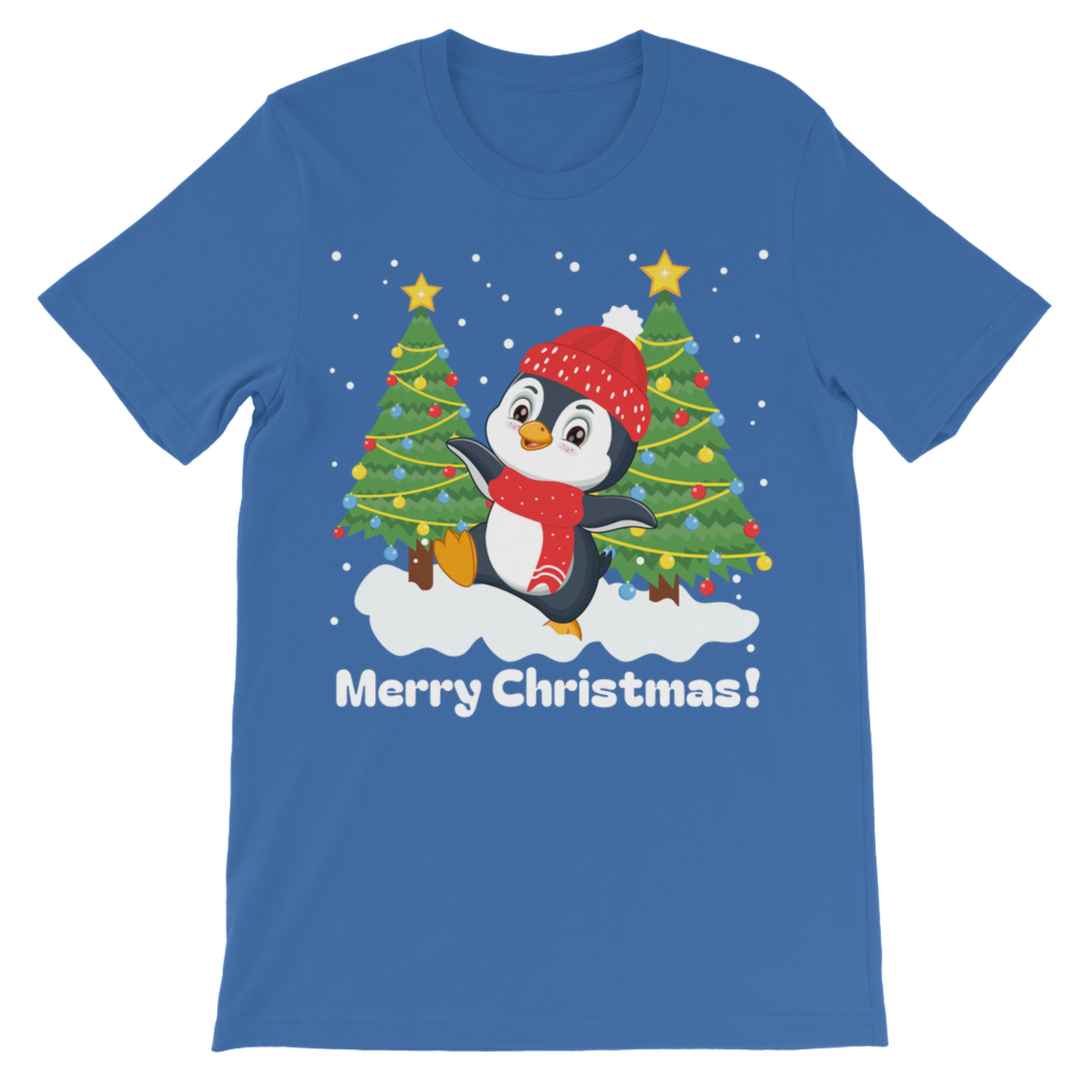A kids royal blue short-sleeve crewneck t-shirt featuring a festive Christmas graphic of a cartoon penguin wearing a red hat and scarf, standing between two decorated Christmas trees with the text 'Merry Christmas!' printed below.