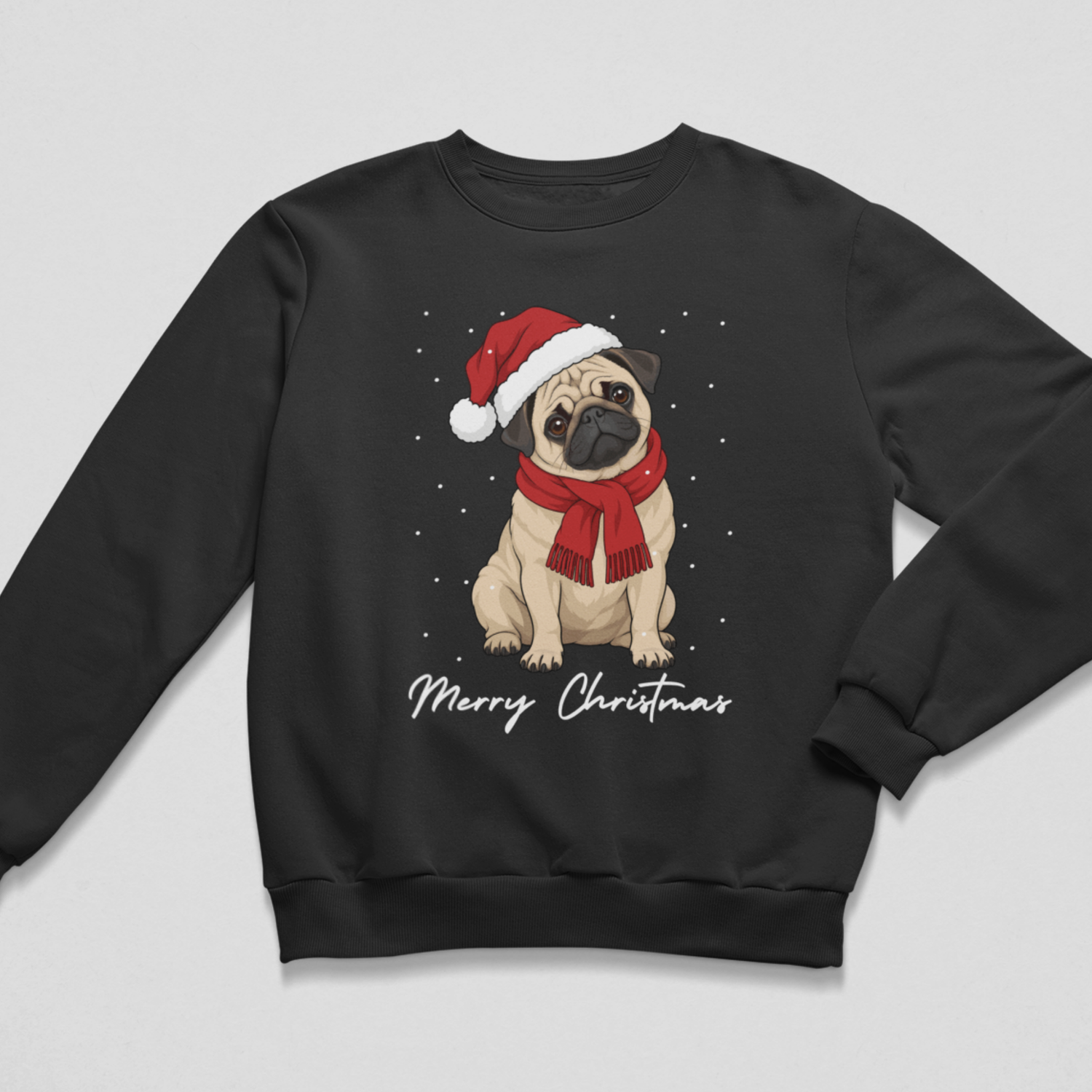 A kids black crewneck sweatshirt featuring a graphic of a pug wearing a red Santa hat and red scarf, surrounded by white snowflakes, with 'Merry Christmas' written below in white script.
