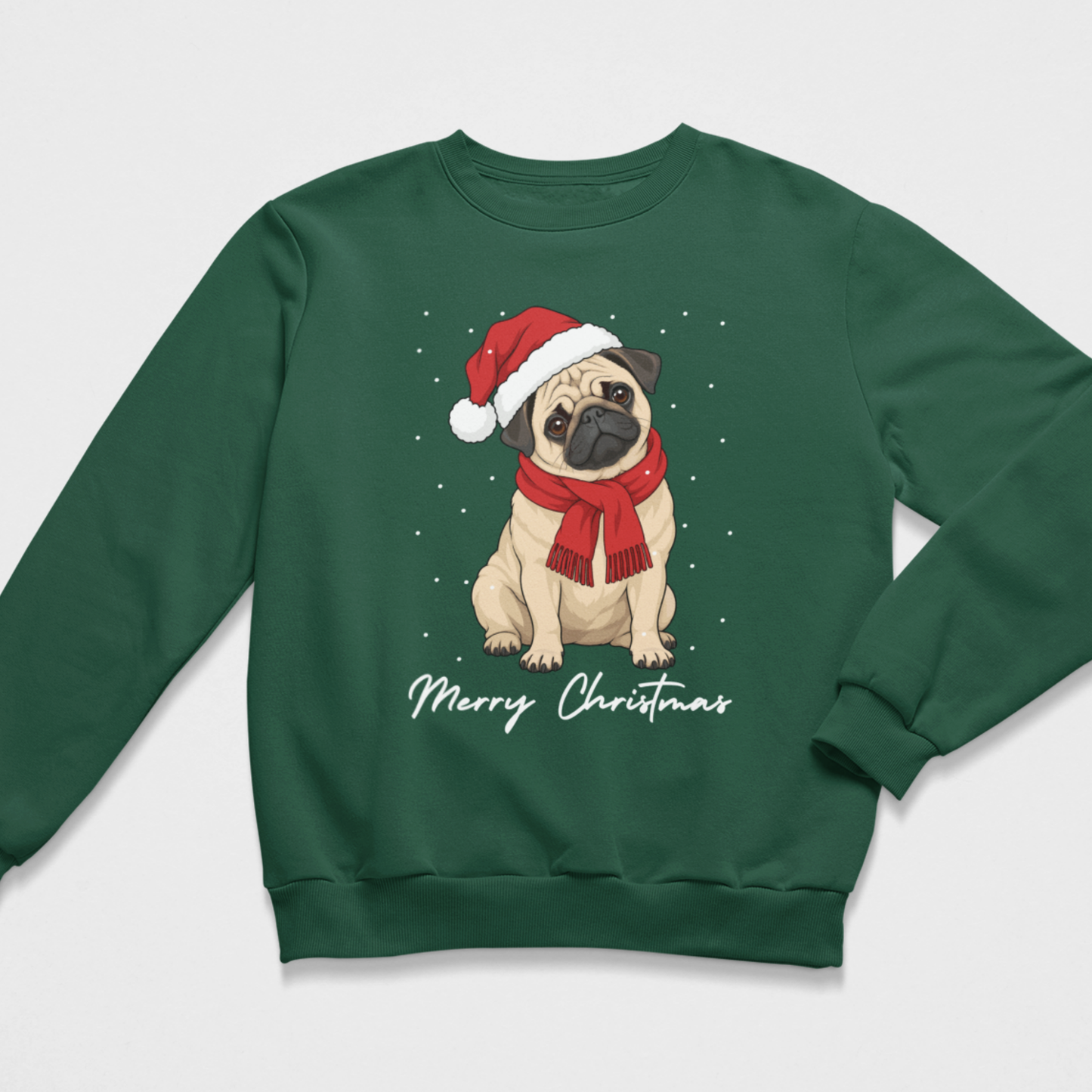 A kids dark green crewneck sweatshirt featuring a graphic of a fawn pug wearing a red Santa hat and scarf, surrounded by white snowflakes, with 'Merry Christmas' written in white script below.