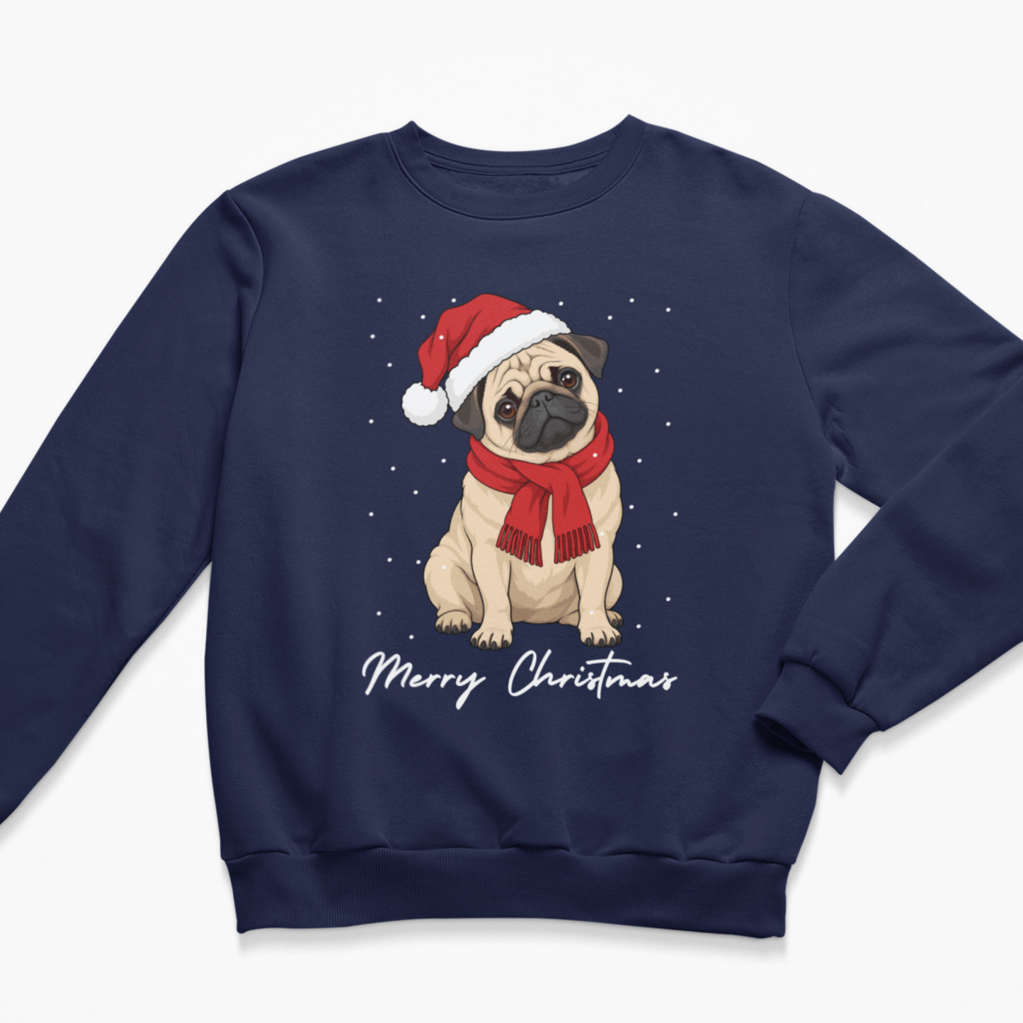A kids navy blue crewneck sweatshirt featuring a graphic of a pug wearing a red Santa hat and scarf, with 'Merry Christmas' written in white script below, shown on a light gray background.