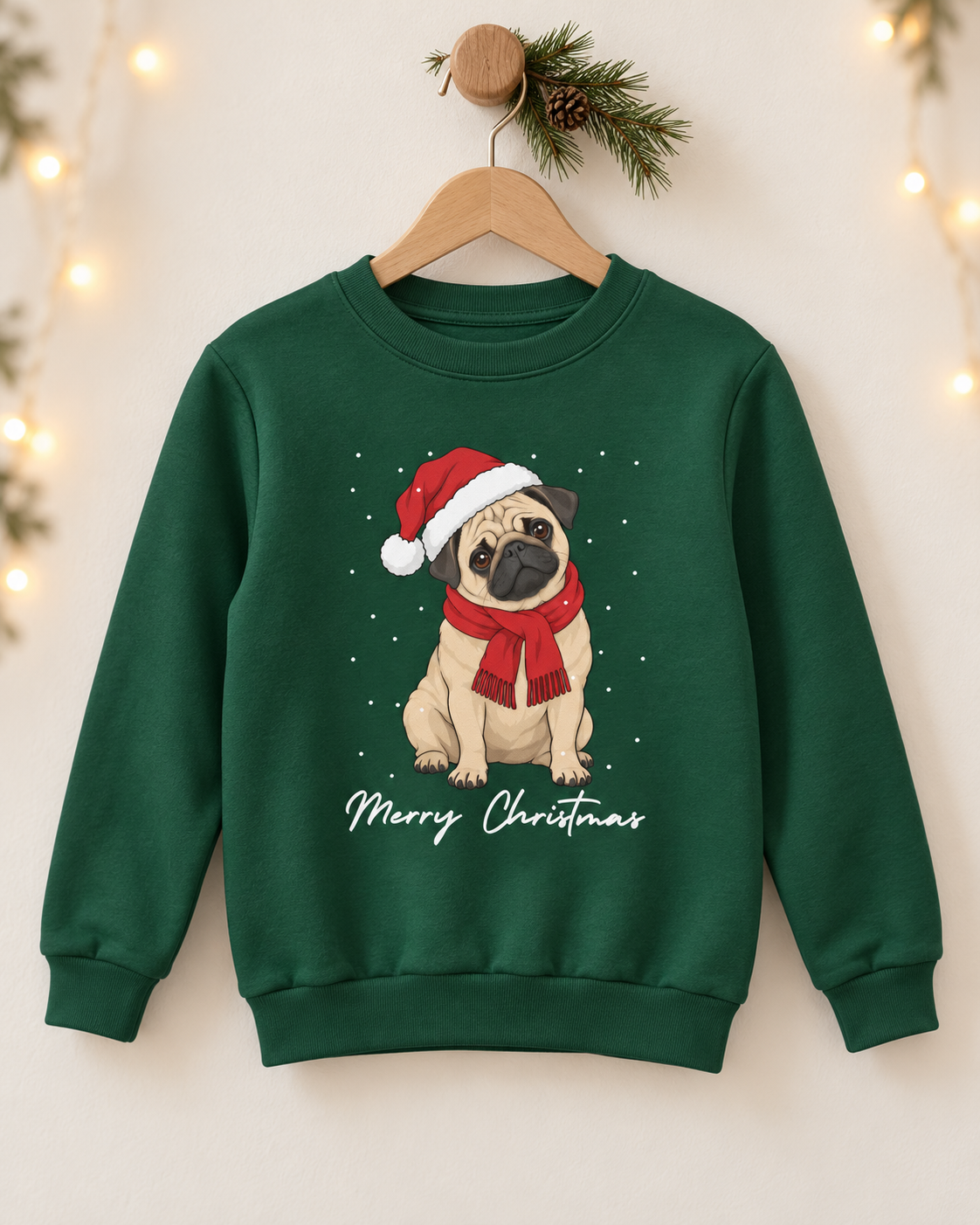 A children's dark green crewneck sweatshirt hanging on a wooden hanger decorated with a pine branch and fairy lights. The sweatshirt features a graphic of a pug wearing a red Santa hat and matching red scarf, with 'Merry Christmas' written in white script below.