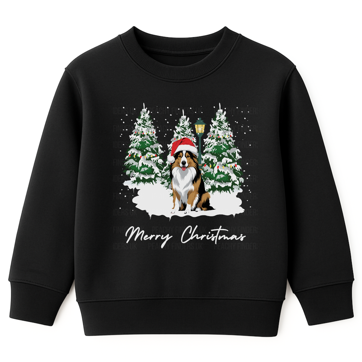 Kids black Christmas sweatshirt featuring a Rough Collie dog wearing a Santa hat, snowy pine trees and “Merry Christmas” text.