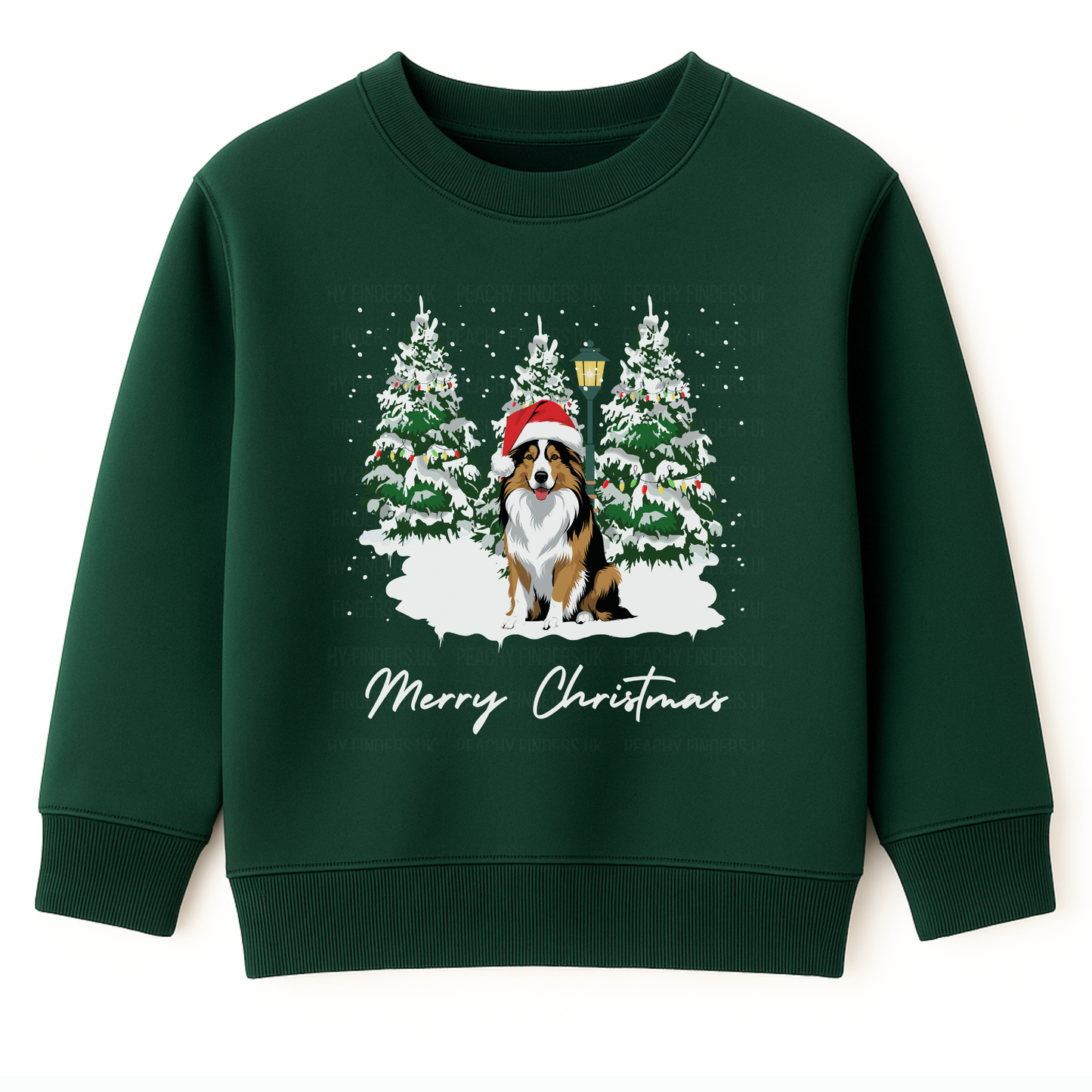 Kids dark green Christmas jumper with a festive Rough Collie dog illustration, Santa hat, snow scene and “Merry Christmas” wording.