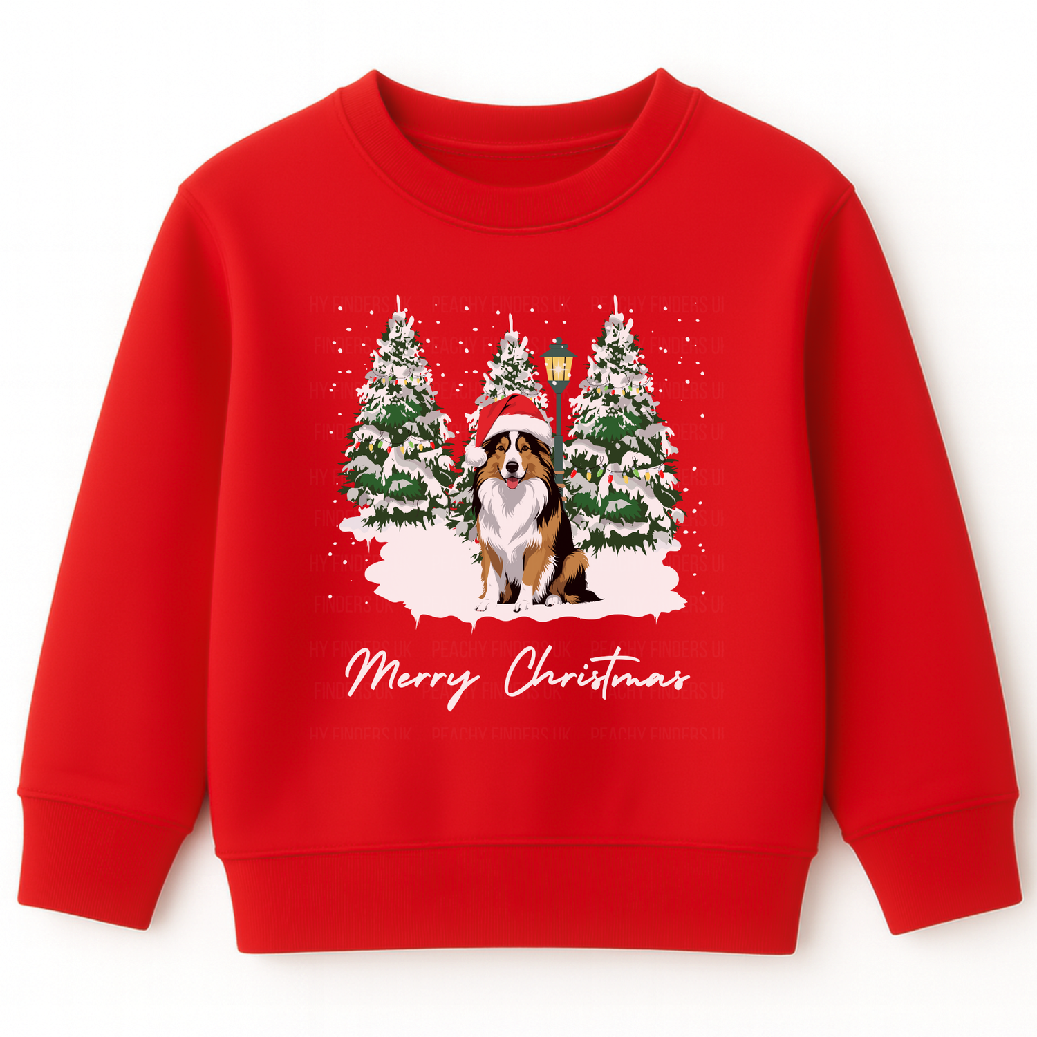 Kids red Christmas sweatshirt with Rough Collie dog in Santa hat, snowy trees and “Merry Christmas” text.