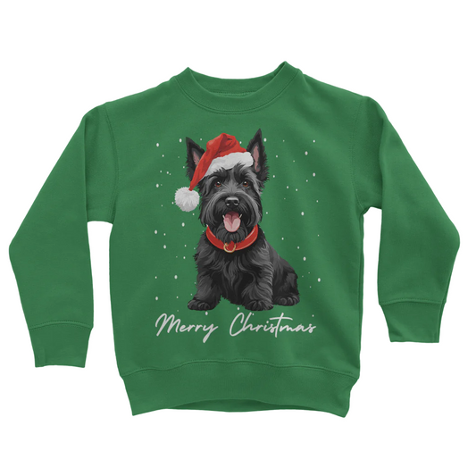 Kids green sweatshirt with a graphic of a black Scottie dog wearing a Santa hat and the text 'Merry Christmas'.