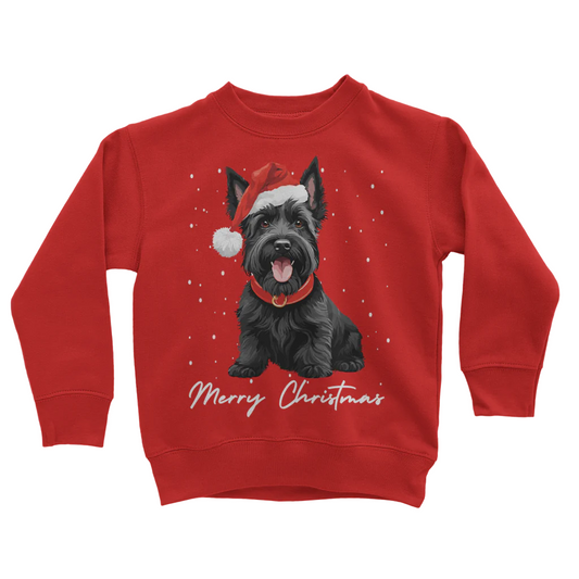 Kids red sweatshirt with a graphic of a black Scottie dog wearing a Santa hat and the text 'Merry Christmas'.